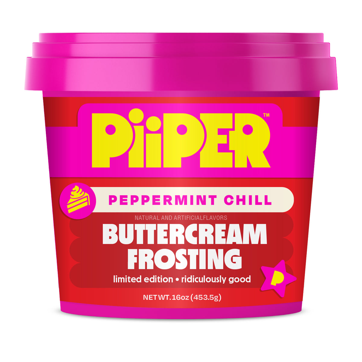 Front view of Peppermint Chill buttercream frosting showcasing pink and red PiiPER packaging on a white background