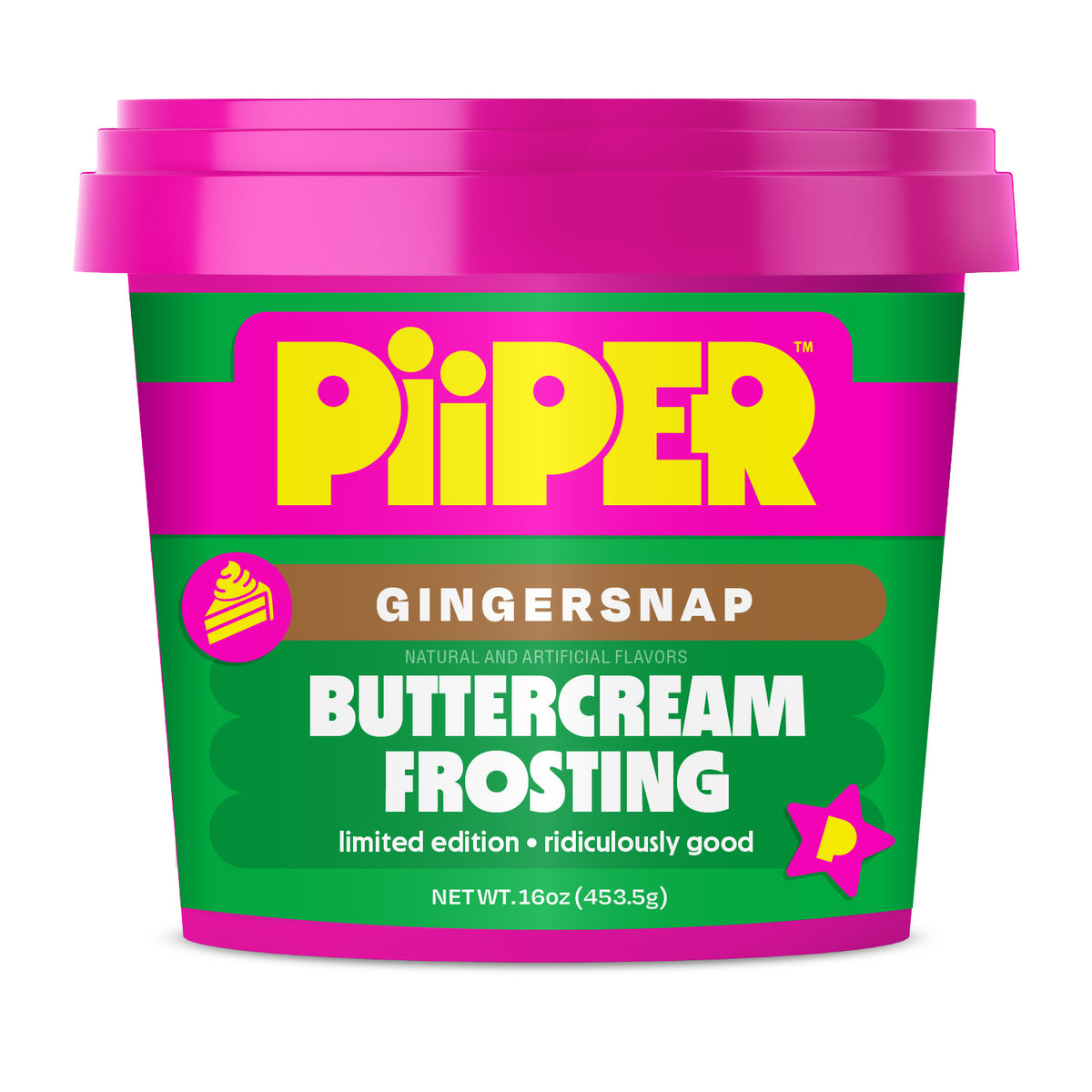 Front view of Gingersnap Buttercream Frosting showcasing limited edition green and pink packaging on a white background