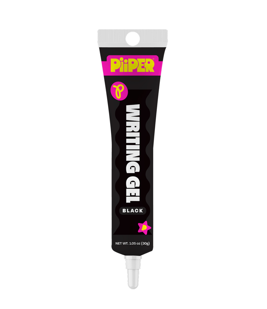 Front view of black PiiPER Writing Gel tube showcasing its squeeze applicator tip on an isolated background