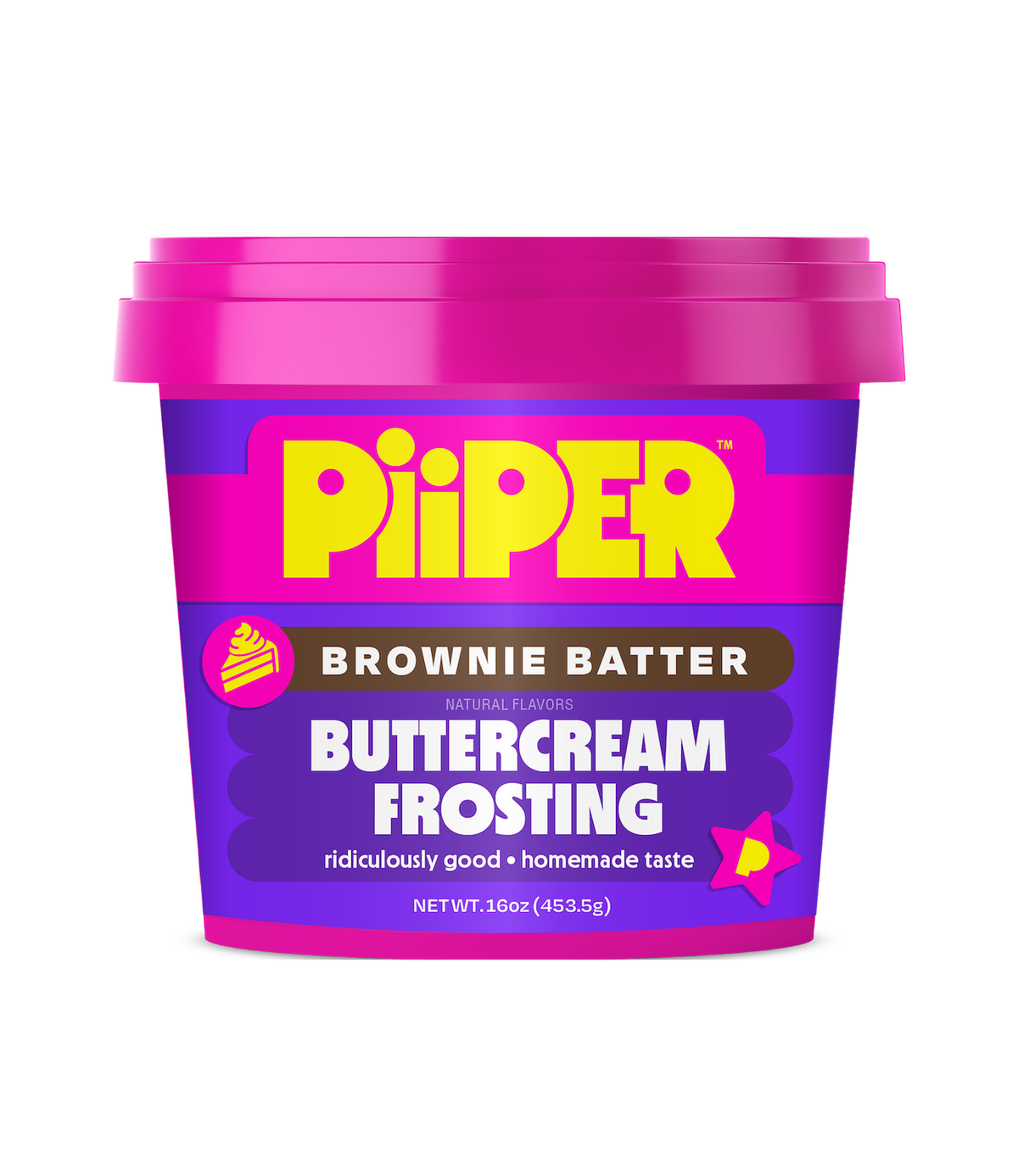Front view of Brownie Batter Buttercream Frosting tub with colorful packaging labeled 16 ounce on black background