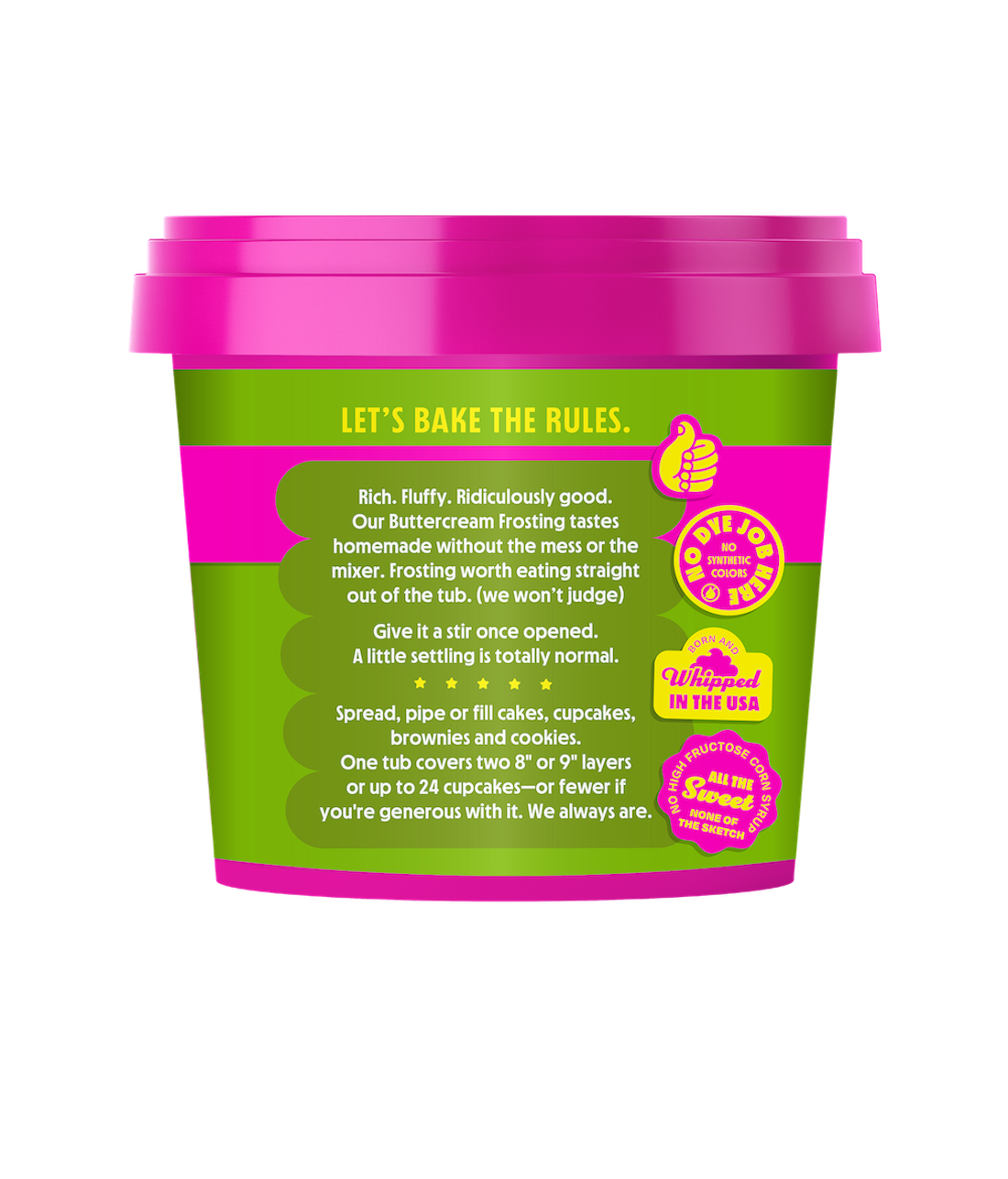 Front view of Caramel Apple Buttercream Frosting tub showing serving uses, no synthetic colors, and made in USA
