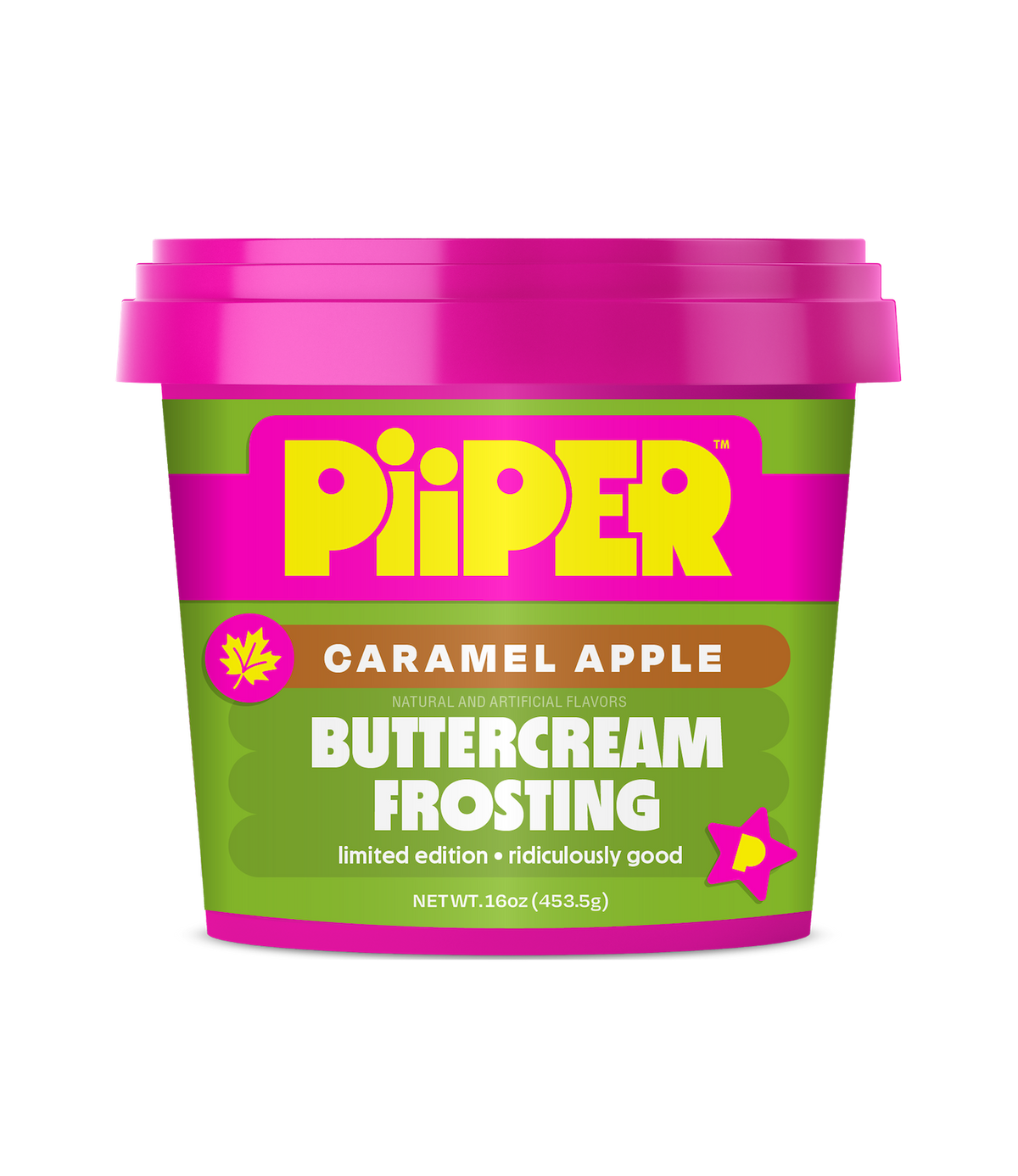 Front view of PiiPER Caramel Apple buttercream frosting container with pink lid and green label