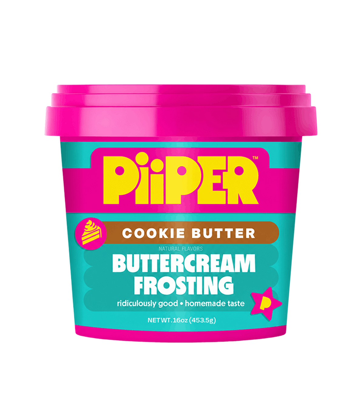 Front view of PiiPER Cookie Butter Buttercream Frosting showcasing pink and turquoise packaging on a black background