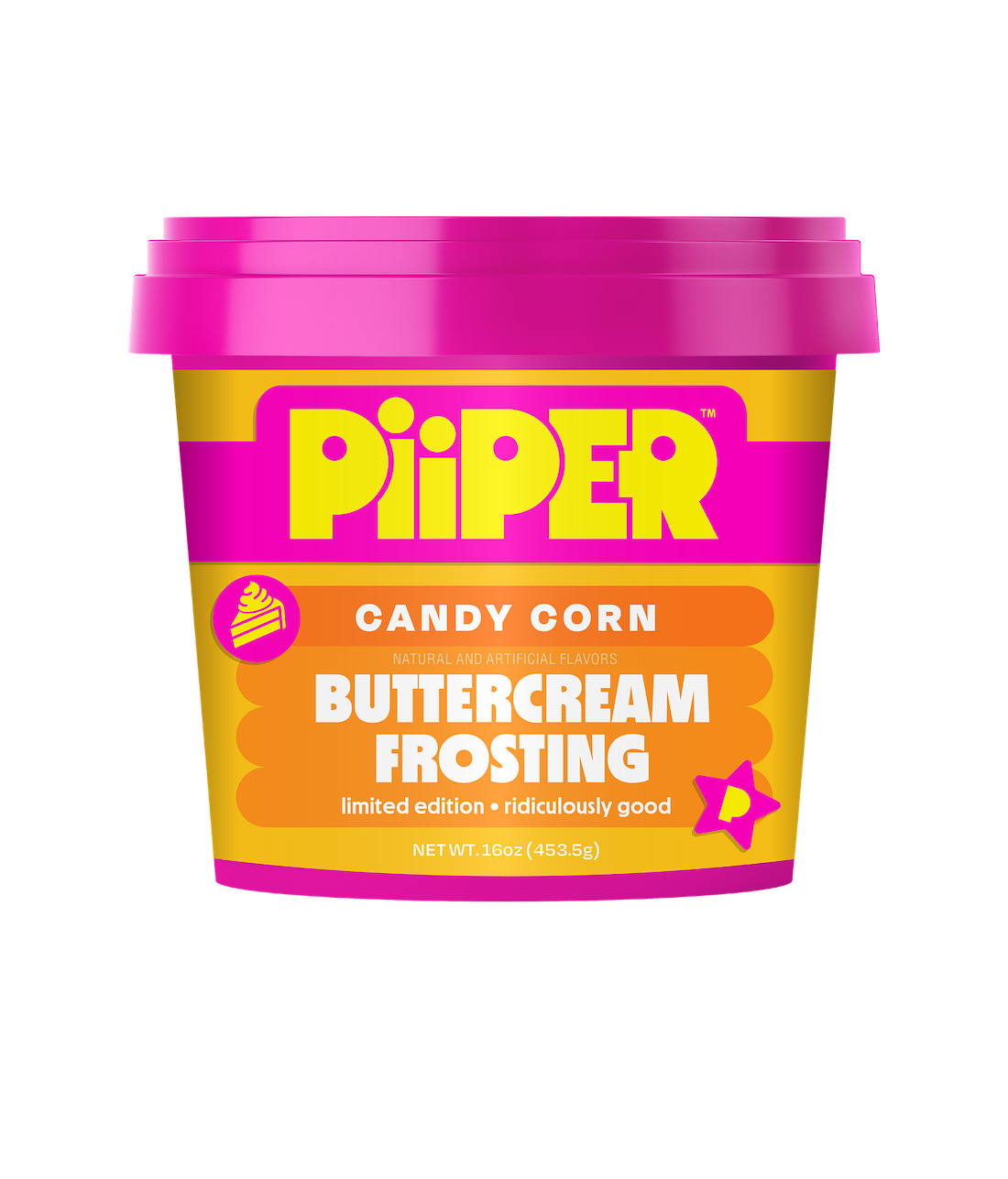 Front view of a 16 oz PiiPER Candy Corn Buttercream Frosting tub showcasing its bright pink lid and colorful label