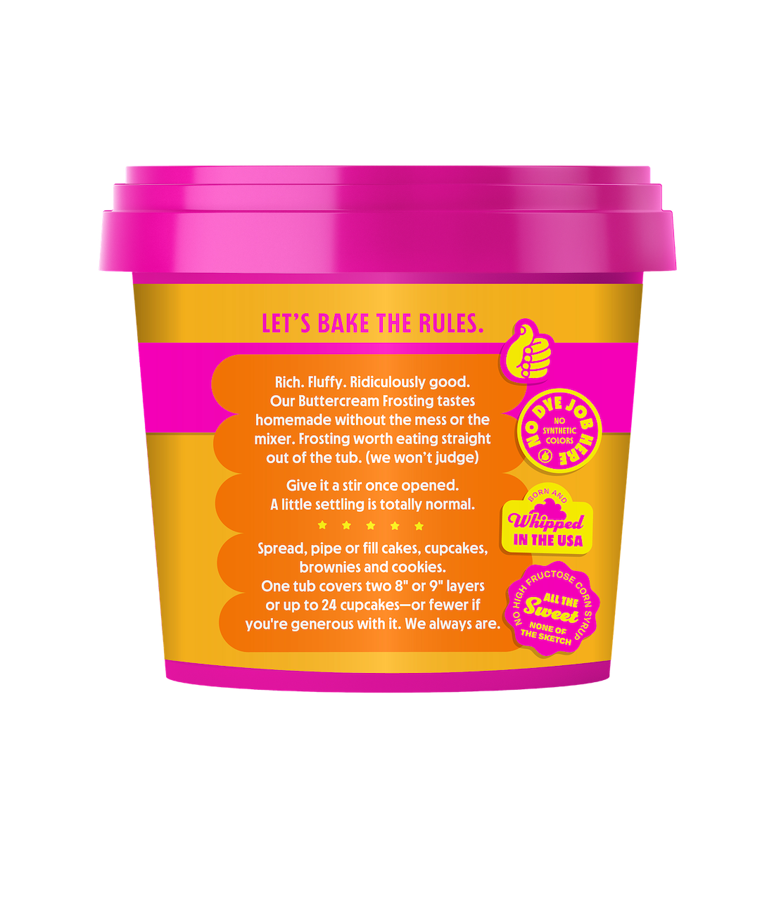 Front view of Candy Corn Buttercream Frosting tub with bright pink and orange packaging and Lets Bake the Rules headline