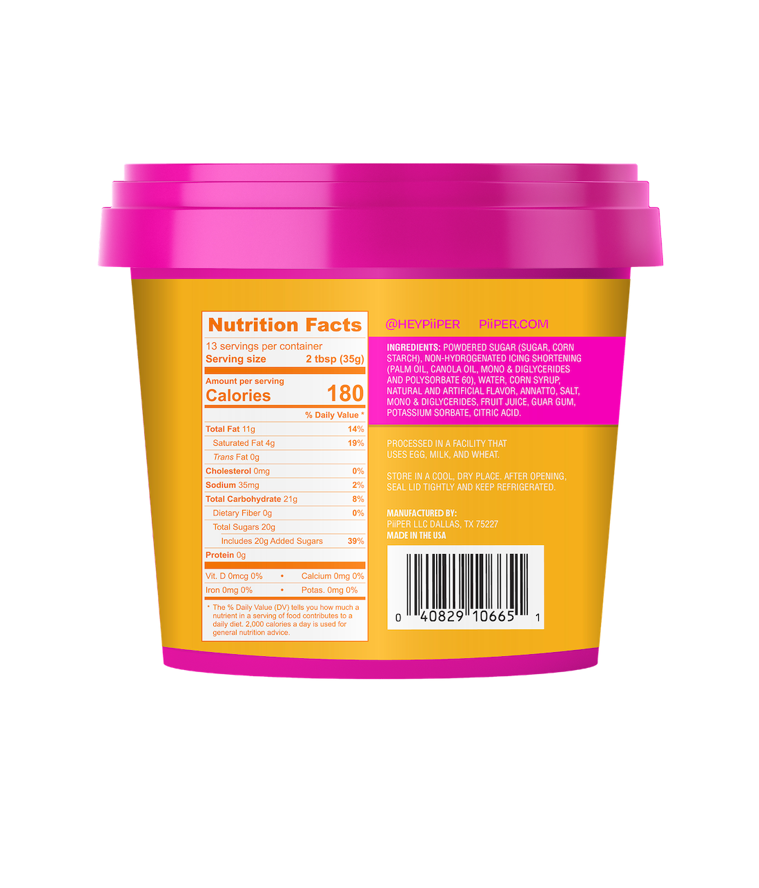 Back view of a 16 oz PiiPER Candy Corn Buttercream Frosting tub showcasing nutrition facts and ingredients on a transparent background