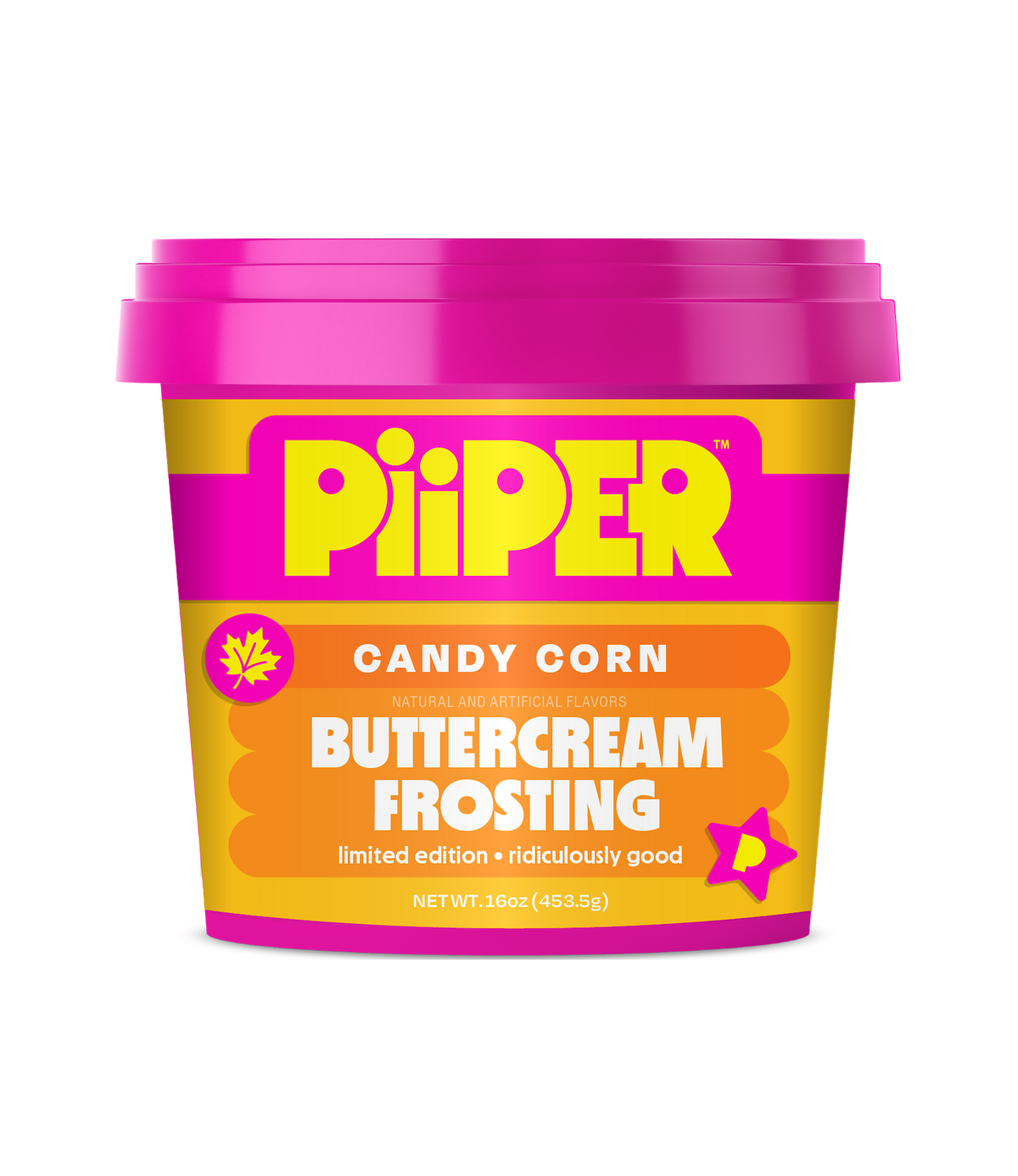Front view of Candy Corn Buttercream Frosting tub with pink and yellow packaging labeled limited edition on black background