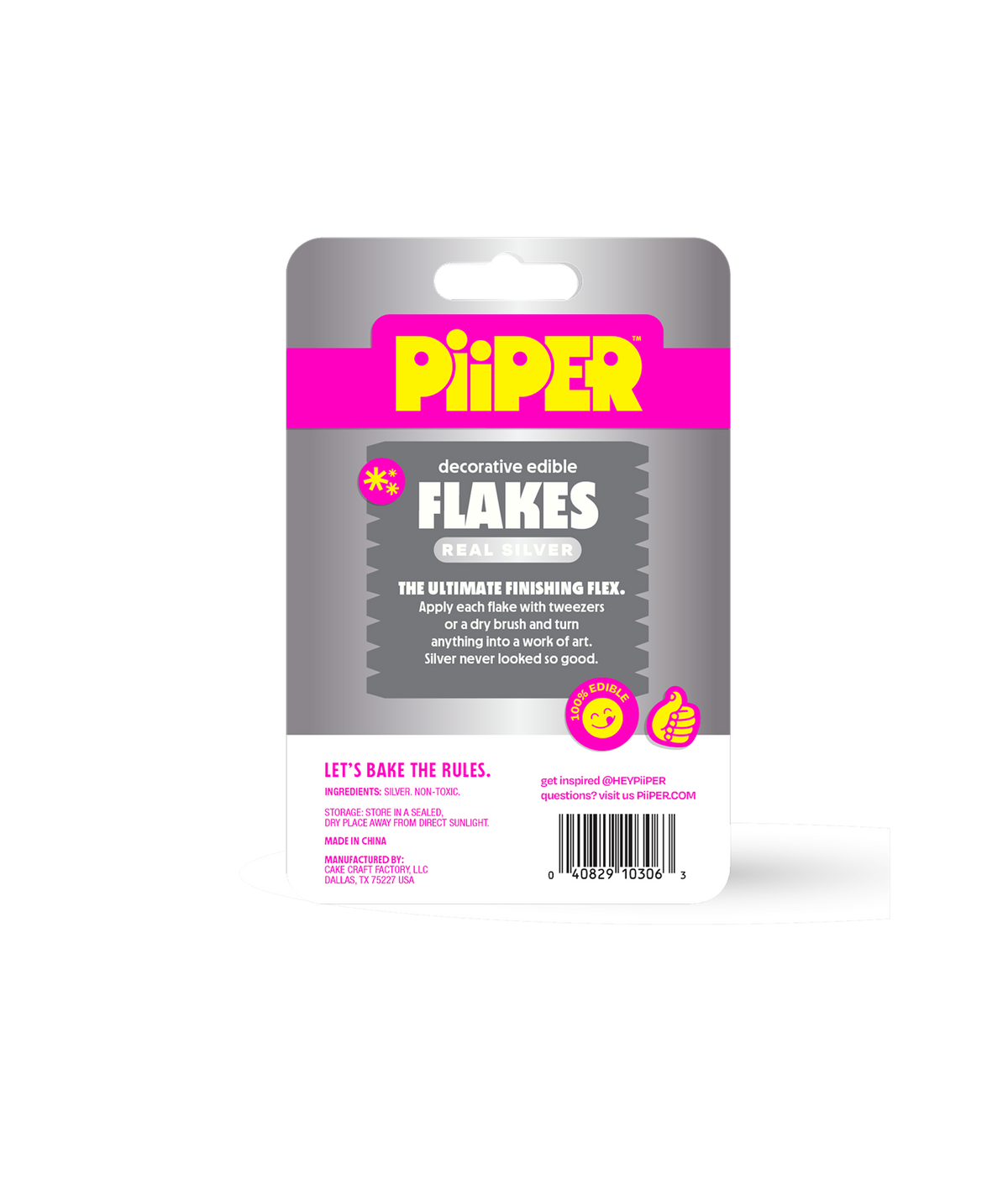 Front view of PiiPER Decorative Edible Flakes Real Silver package showcasing edible silver flakes with a transparent background