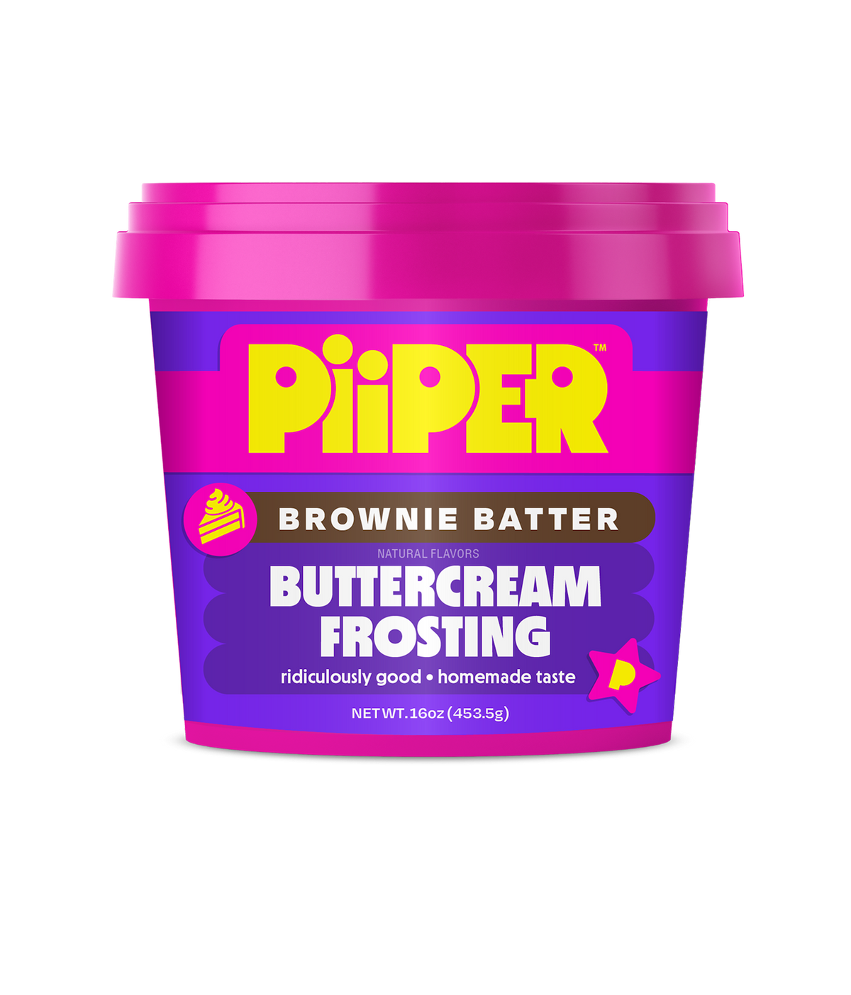 Front view of Buttercream Frosting tub (Brownie Batter) showcasing bright pink and purple packaging, yellow Piiper logo, and 16 oz net weight