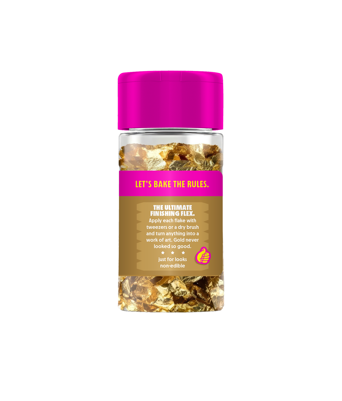 Front view of a jar of PiiPER Decorative Gold Leaf Flakes showcasing gold flakes and its non-edible label on a black background