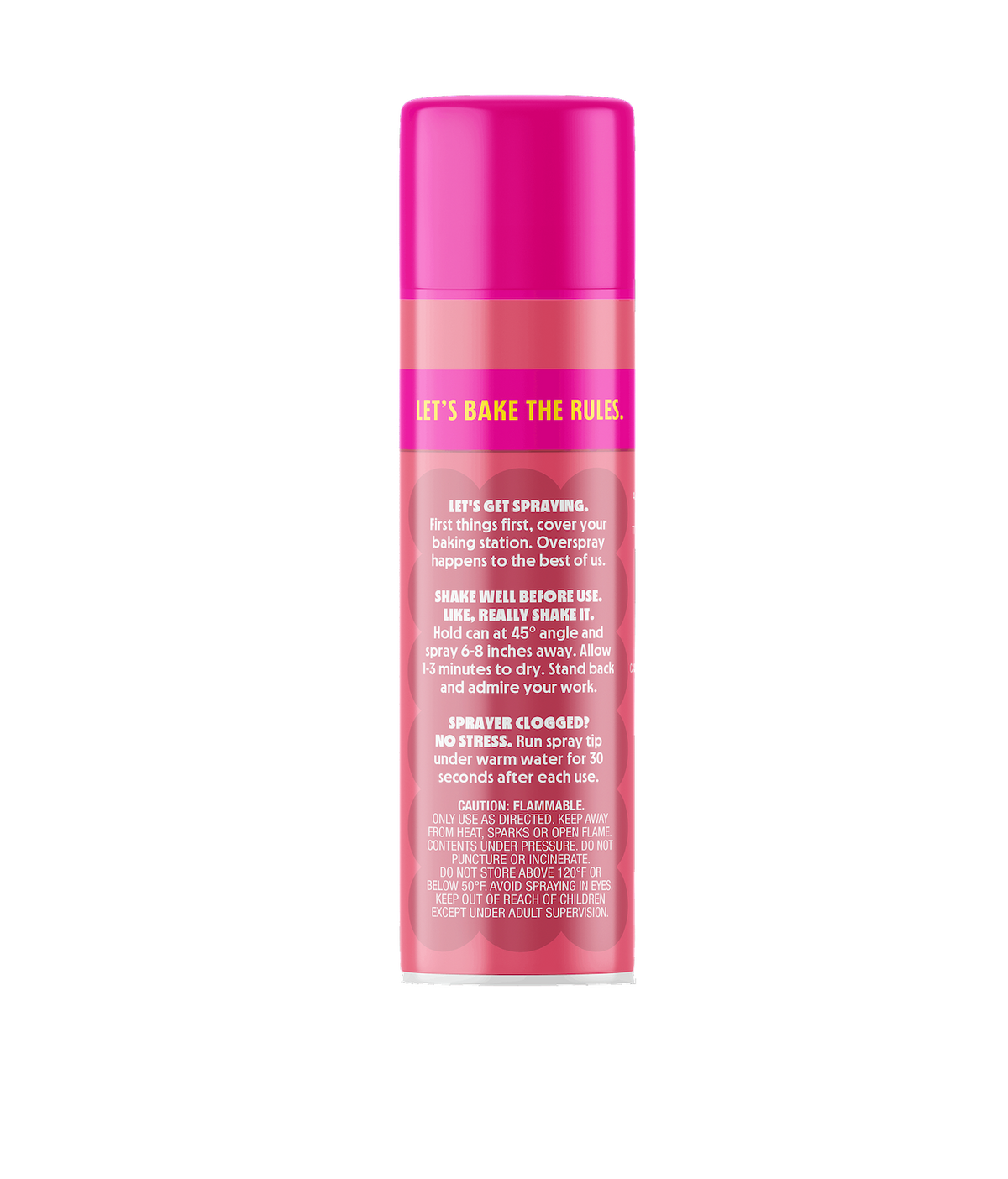 Back view of PiiPER Color Spray Pinky Promise can showcasing usage instructions and Let’s Bake the Rules headline on pink packaging