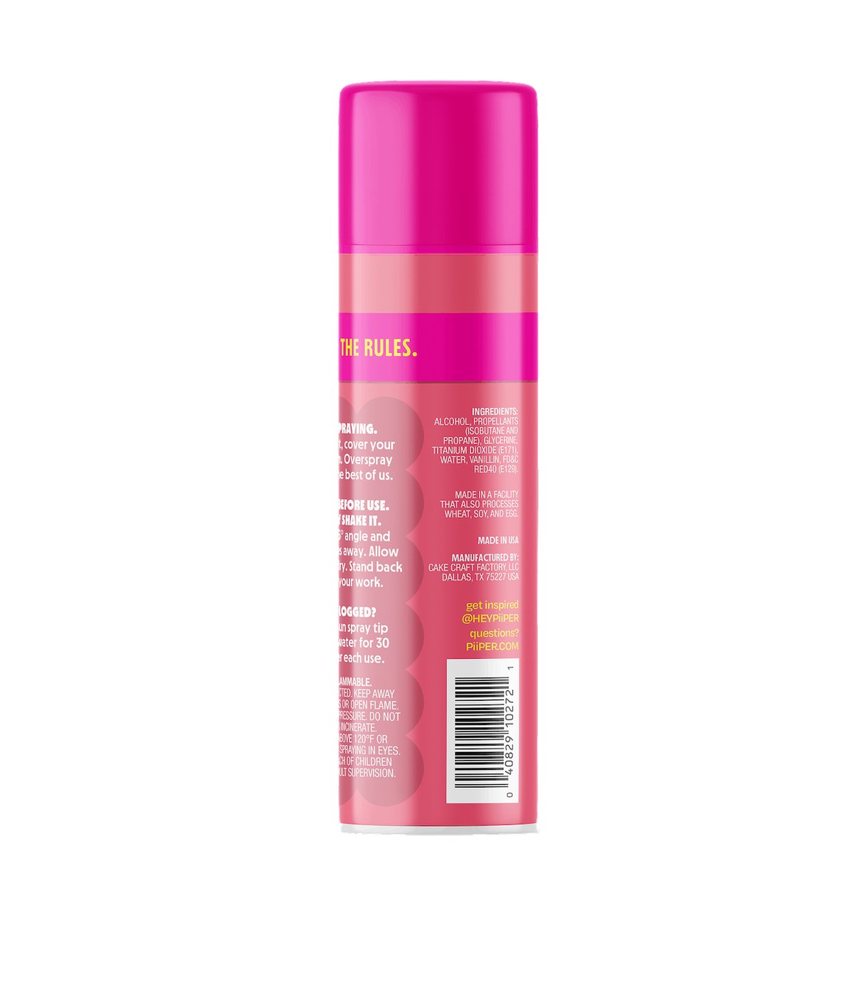 Back view of PiiPER Edible Color Spray in Pinky Promise showcasing bright pink packaging against a black background