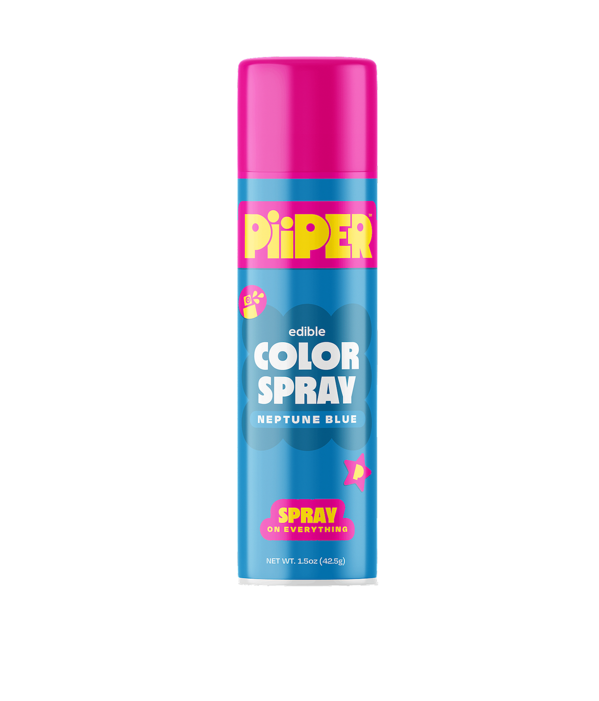 Front view of PiiPER Color Spray in Neptune Blue edible can with spray on everything label on black background