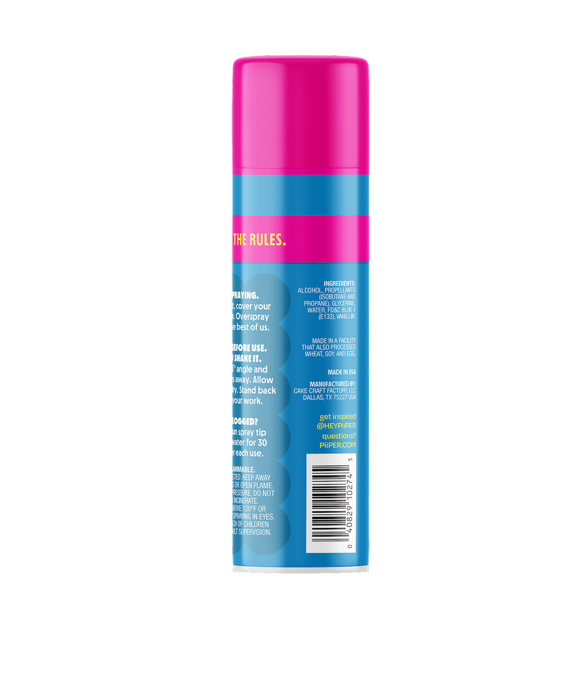 Back view of PiiPER Edible Color Spray in Neptune Blue showcasing its pink and blue can design on a black background