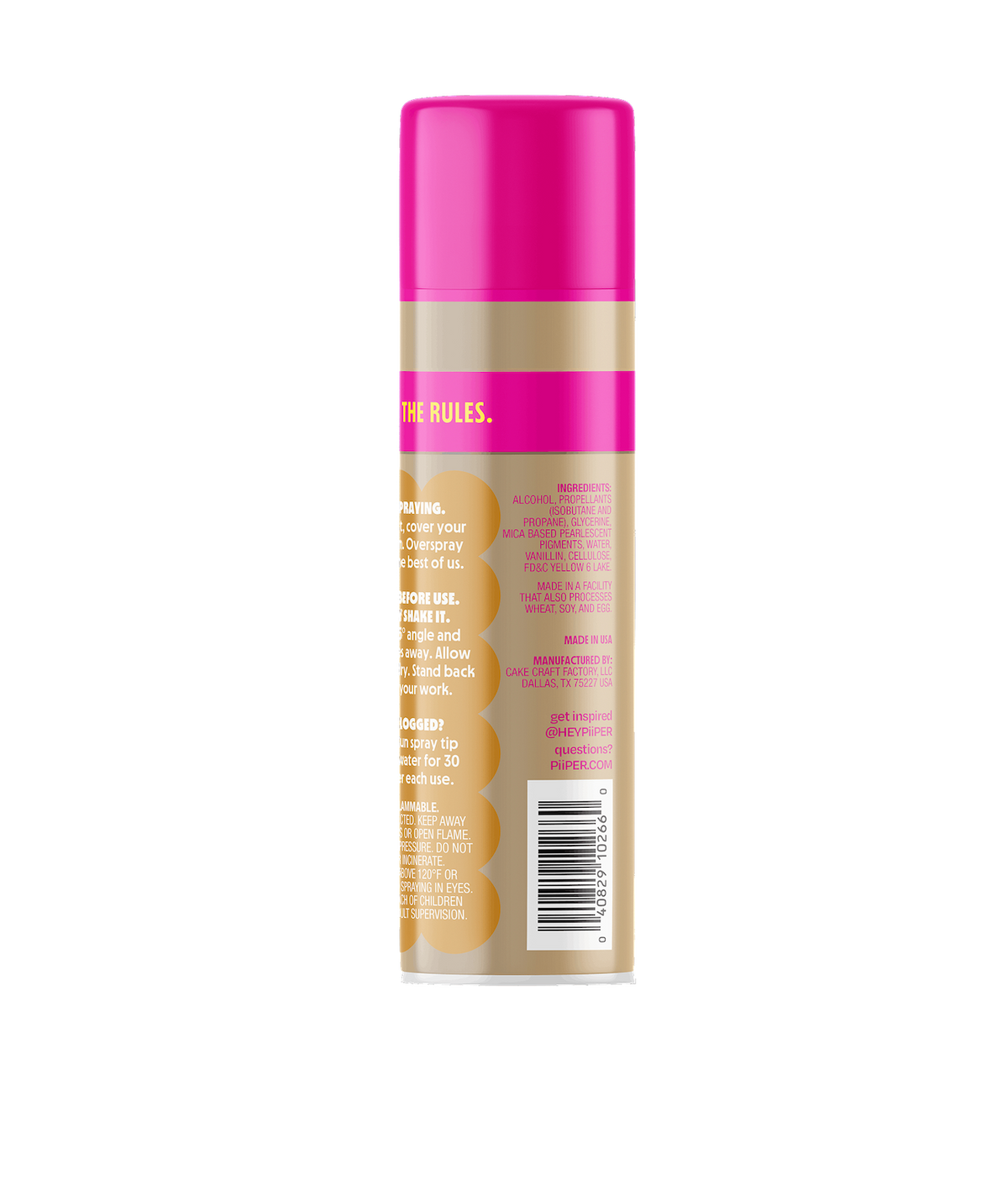 Back view of PiiPER Edible Color Spray in Gold Rush showcasing its ingredient and usage labels with a black background