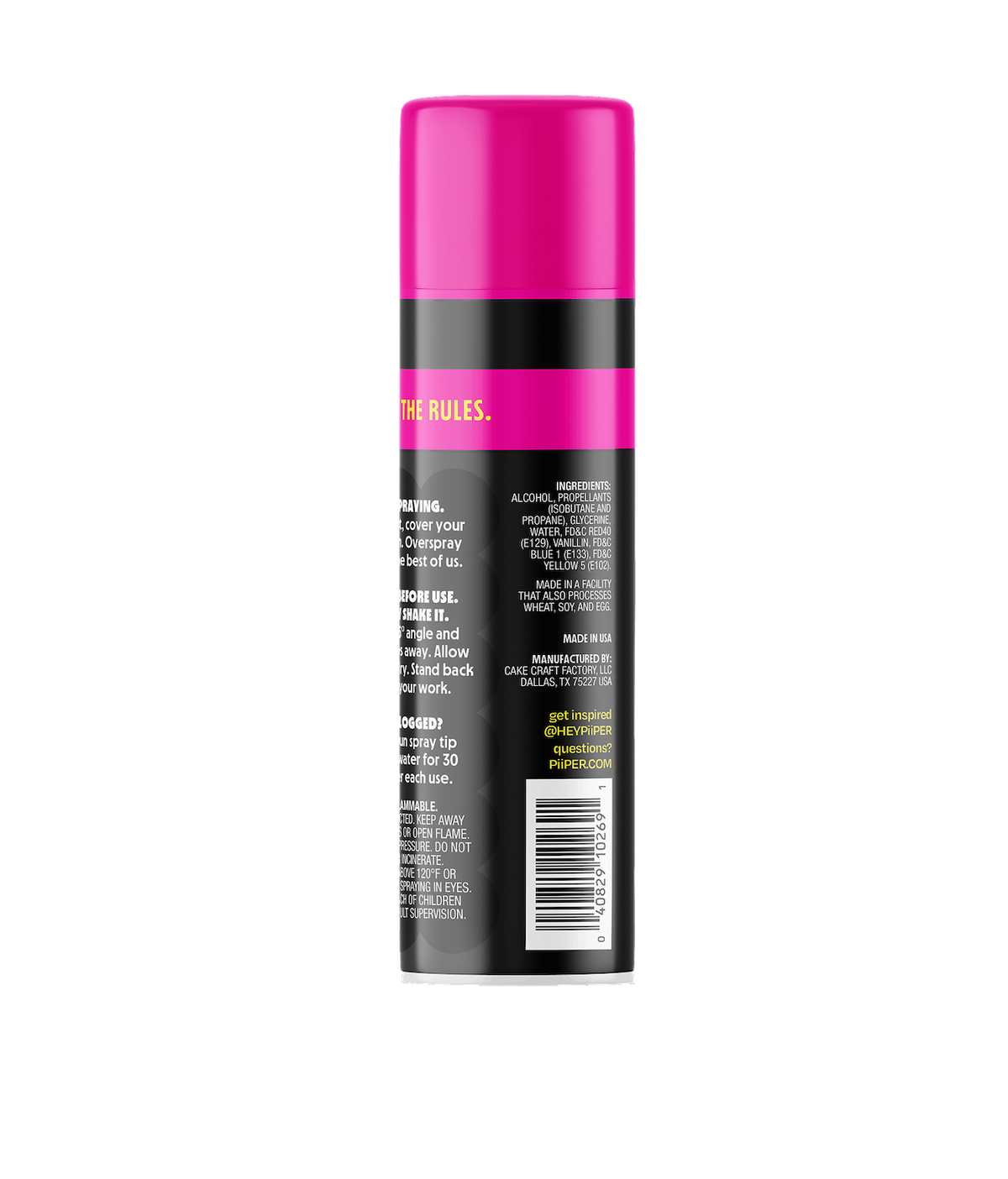 Rear view of PiiPER Edible Color Spray in Blackout showcasing its black and pink can on a plain black background