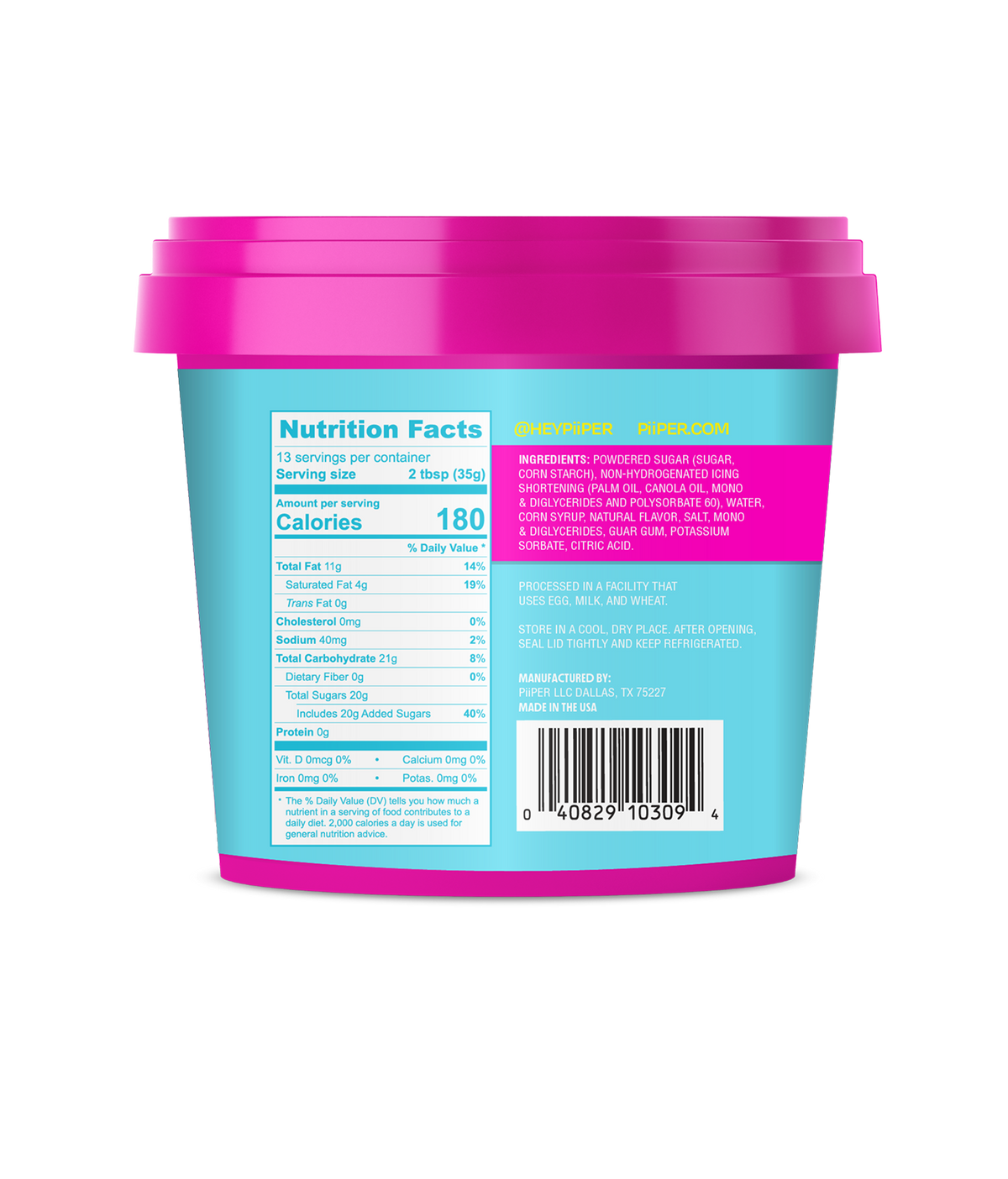 Back view of Vanilla Vibes buttercream frosting tub showcasing nutrition facts and ingredients on a transparent background