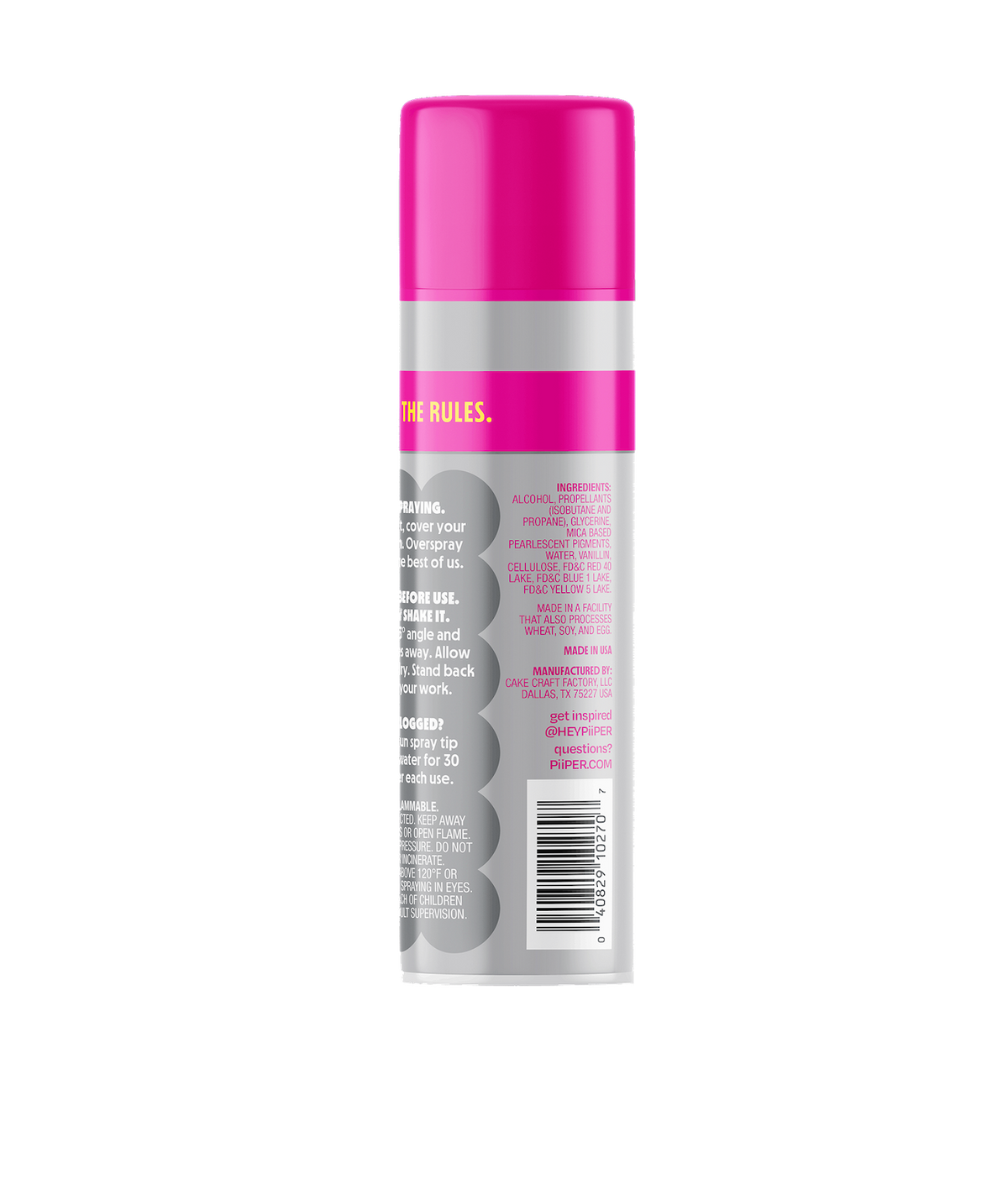 Back view of PiiPER Color Spray Chrome edible color spray can showcasing pink cap and silver label on black background