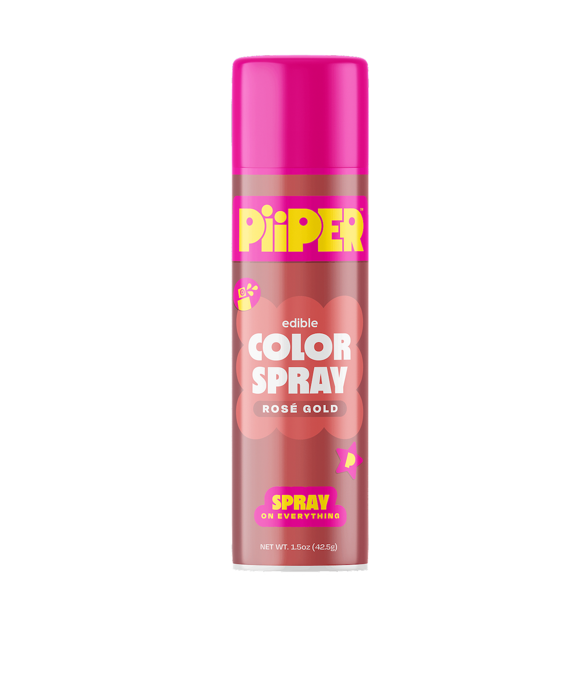 Front view of PiiPER edible Color Spray in Rosé Gold, a 1.5 oz can against a black background