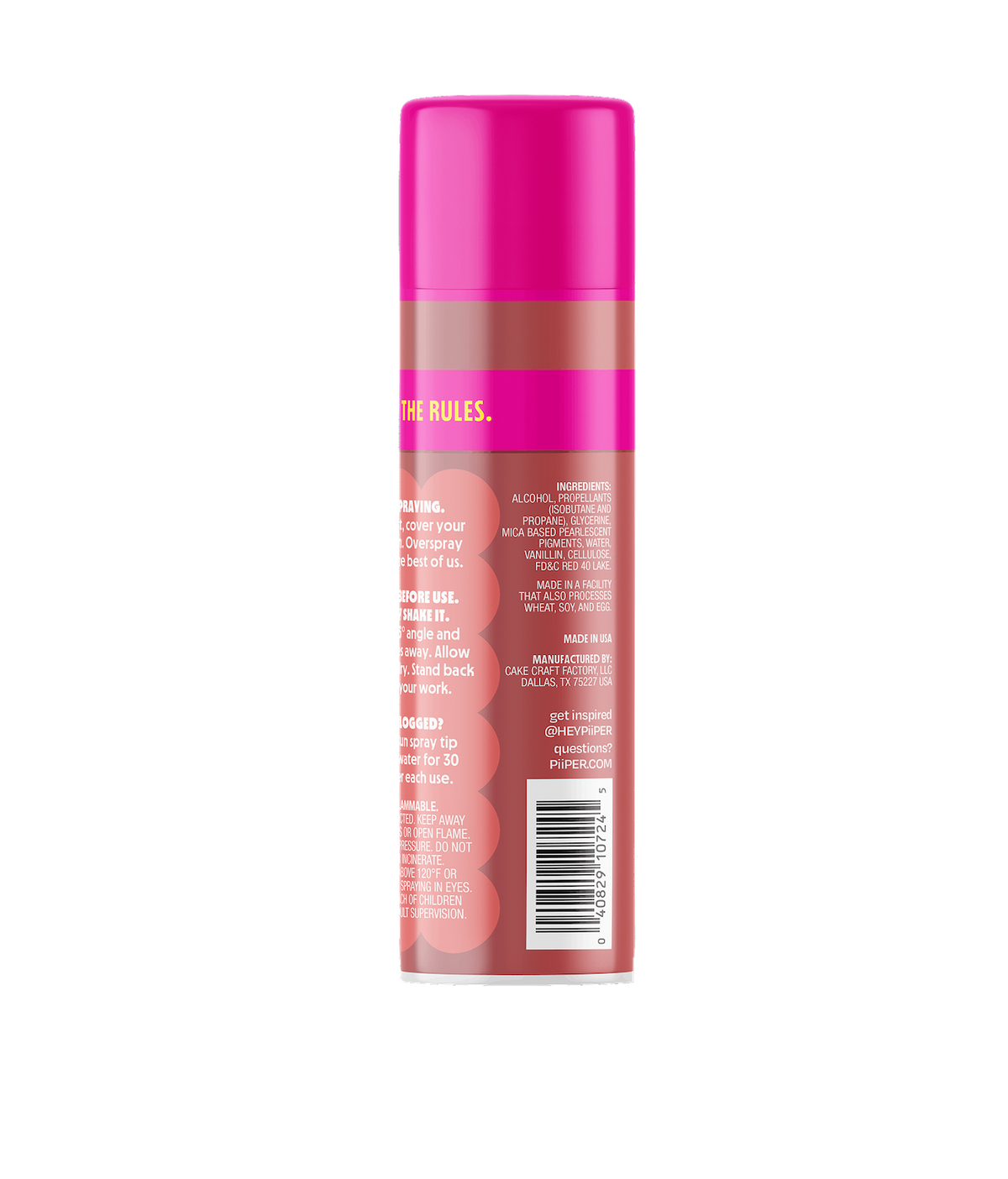 Back view of PiiPER Edible Color Spray in Rosé Gold showcasing usage instructions and ingredients on the can