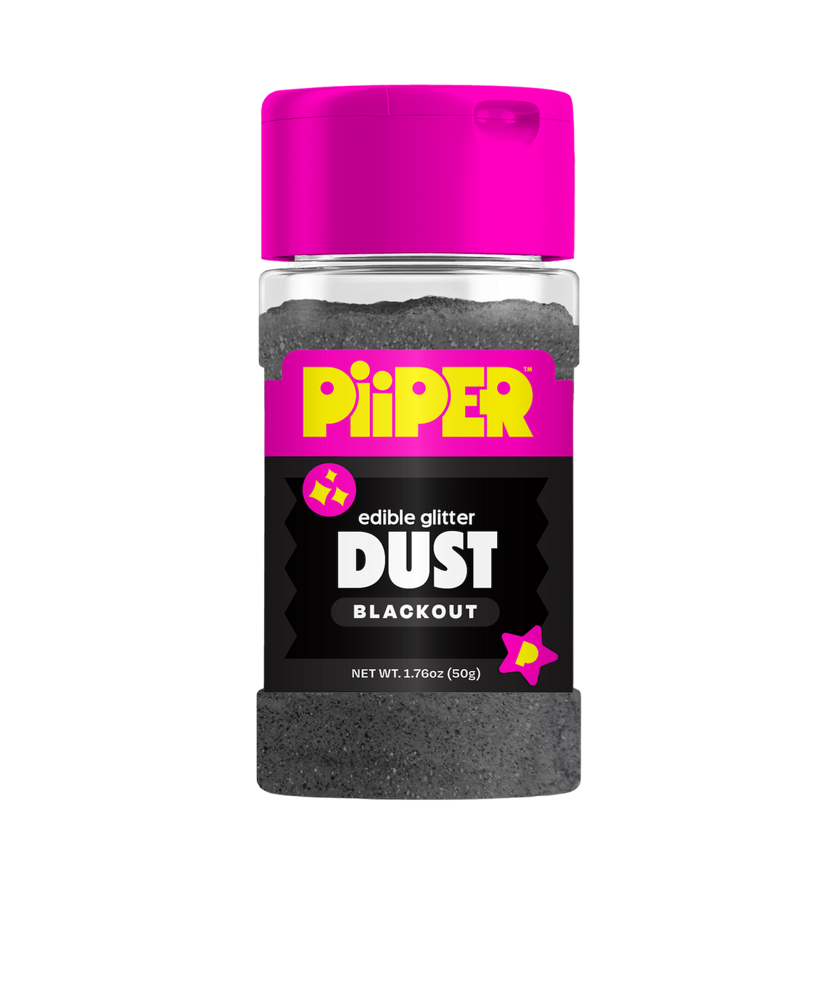 Front view of PiiPER Edible Glitter Dust Blackout jar showcasing black glitter, 1.76 oz (50 g), on a black background