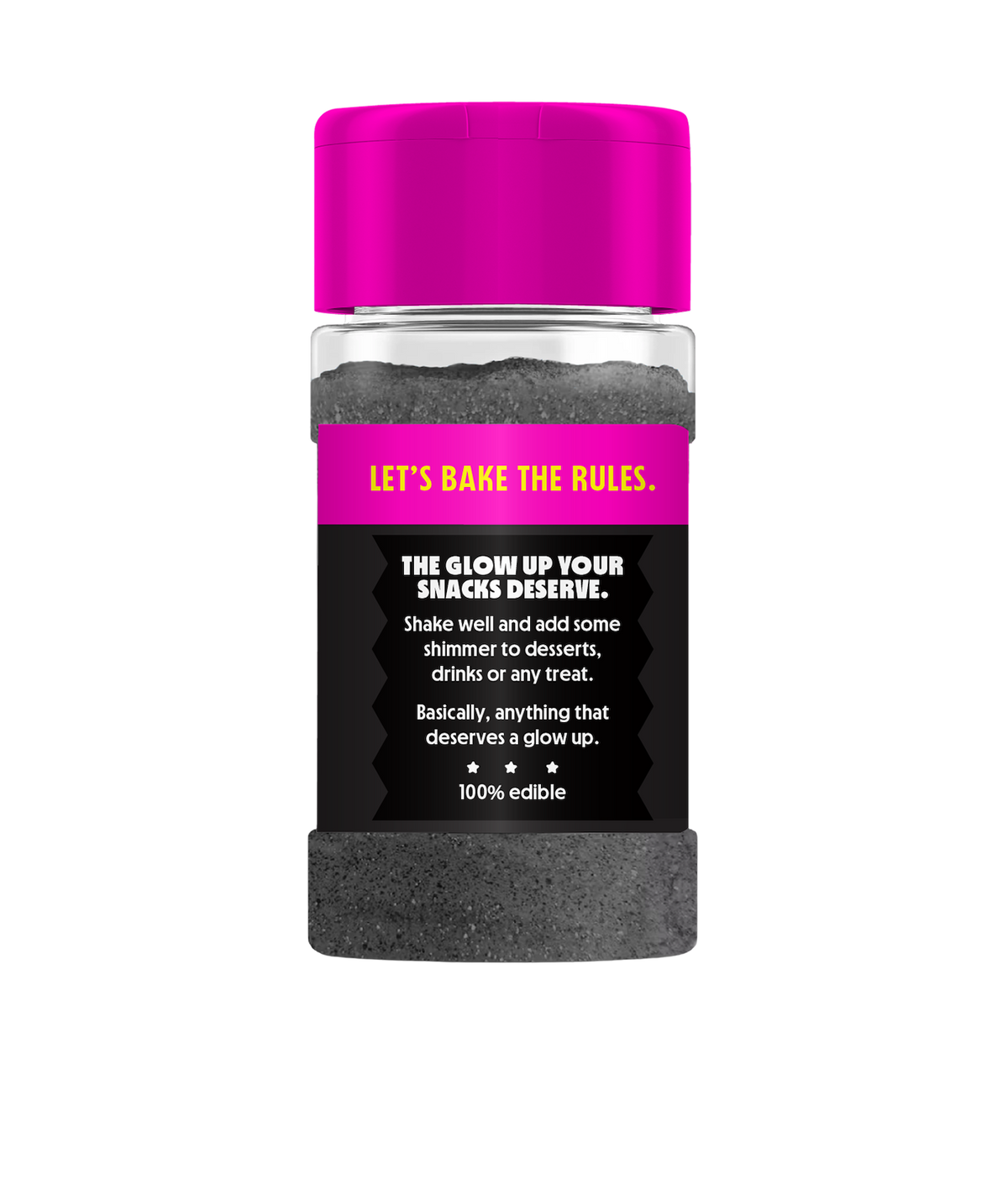 Front view of PiiPER Blackout Edible Glitter Dust shaker with black glitter, 100% edible label, and Lets Bake the Rules headline