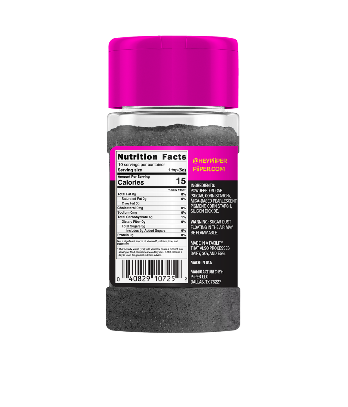 Back view of PiiPER Edible Glitter Dust Blackout 50g shaker showing nutrition facts and ingredients