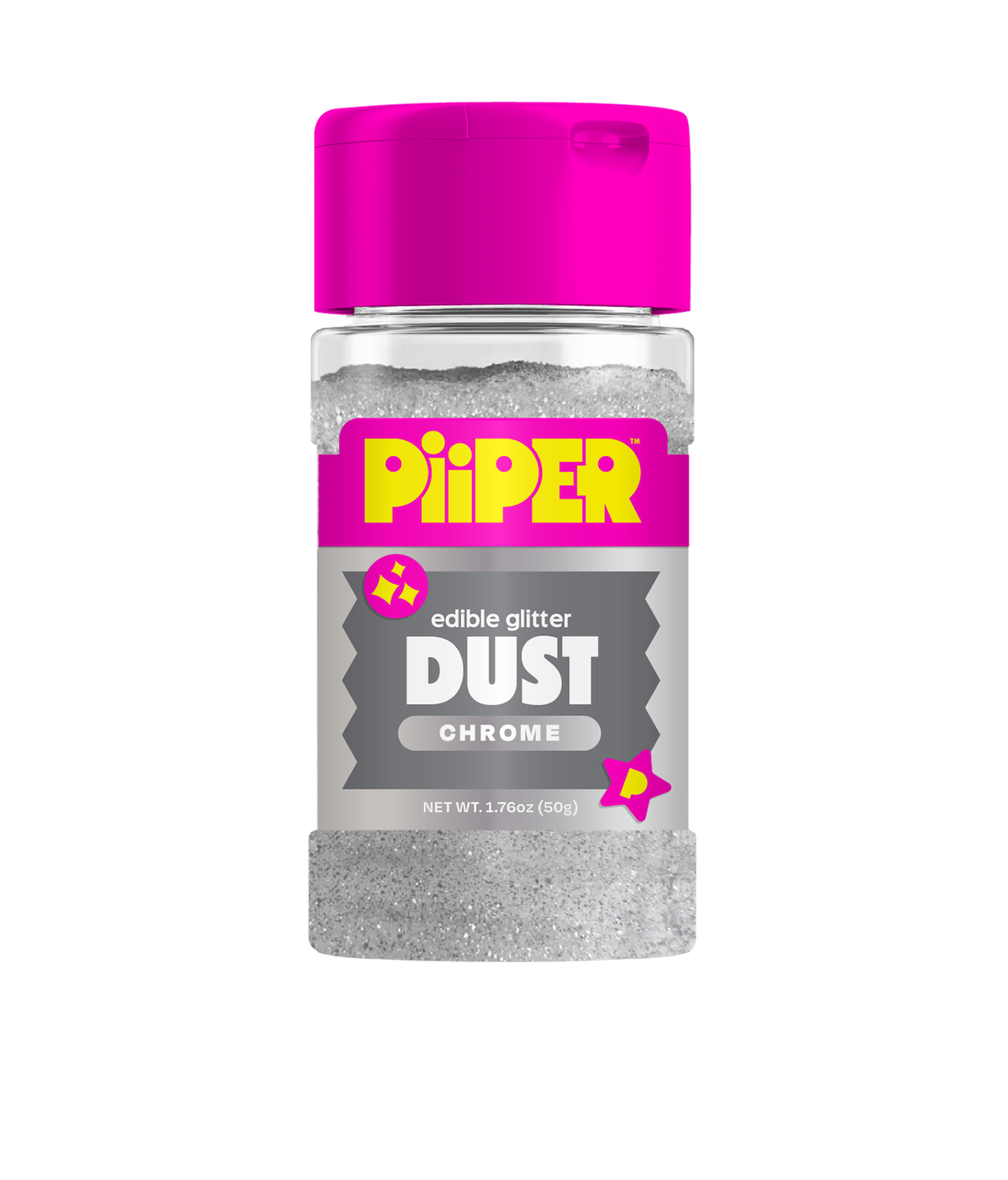 Front view of PiiPER Edible Glitter Dust in Chrome showcasing the 50g shaker jar on a plain background