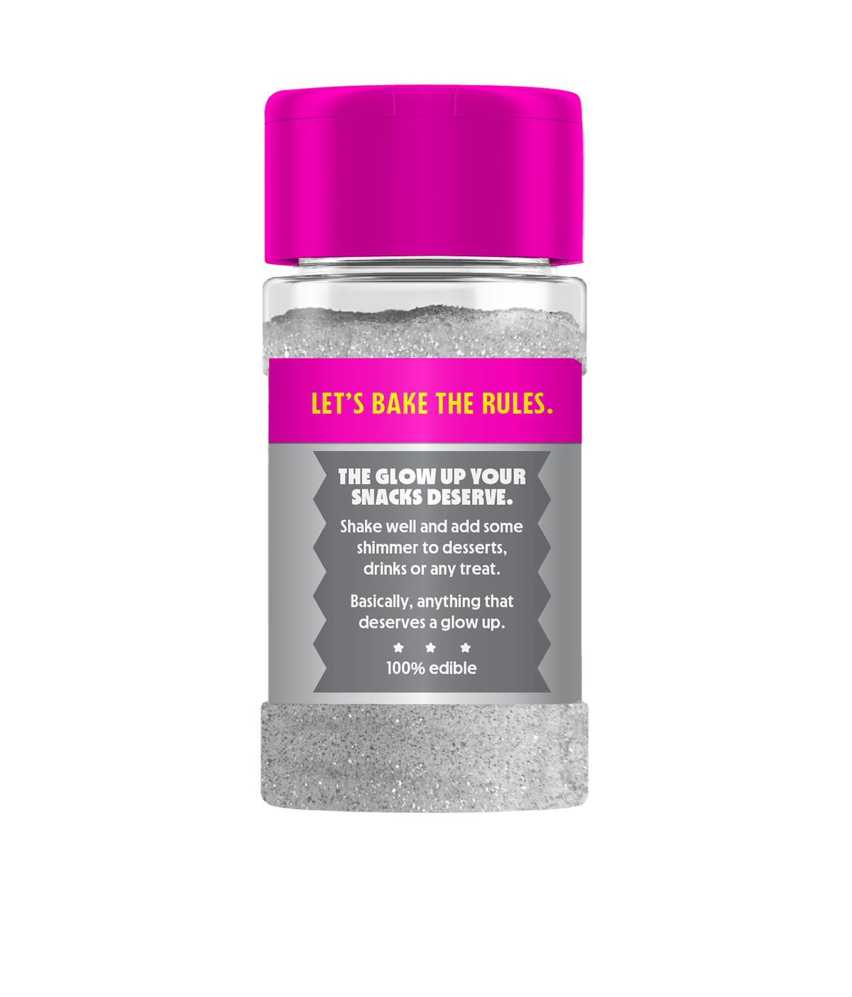 Front view of PiiPER Edible Glitter Dust Chrome in a clear shaker jar showing silver edible shimmer with a pink cap on a black background