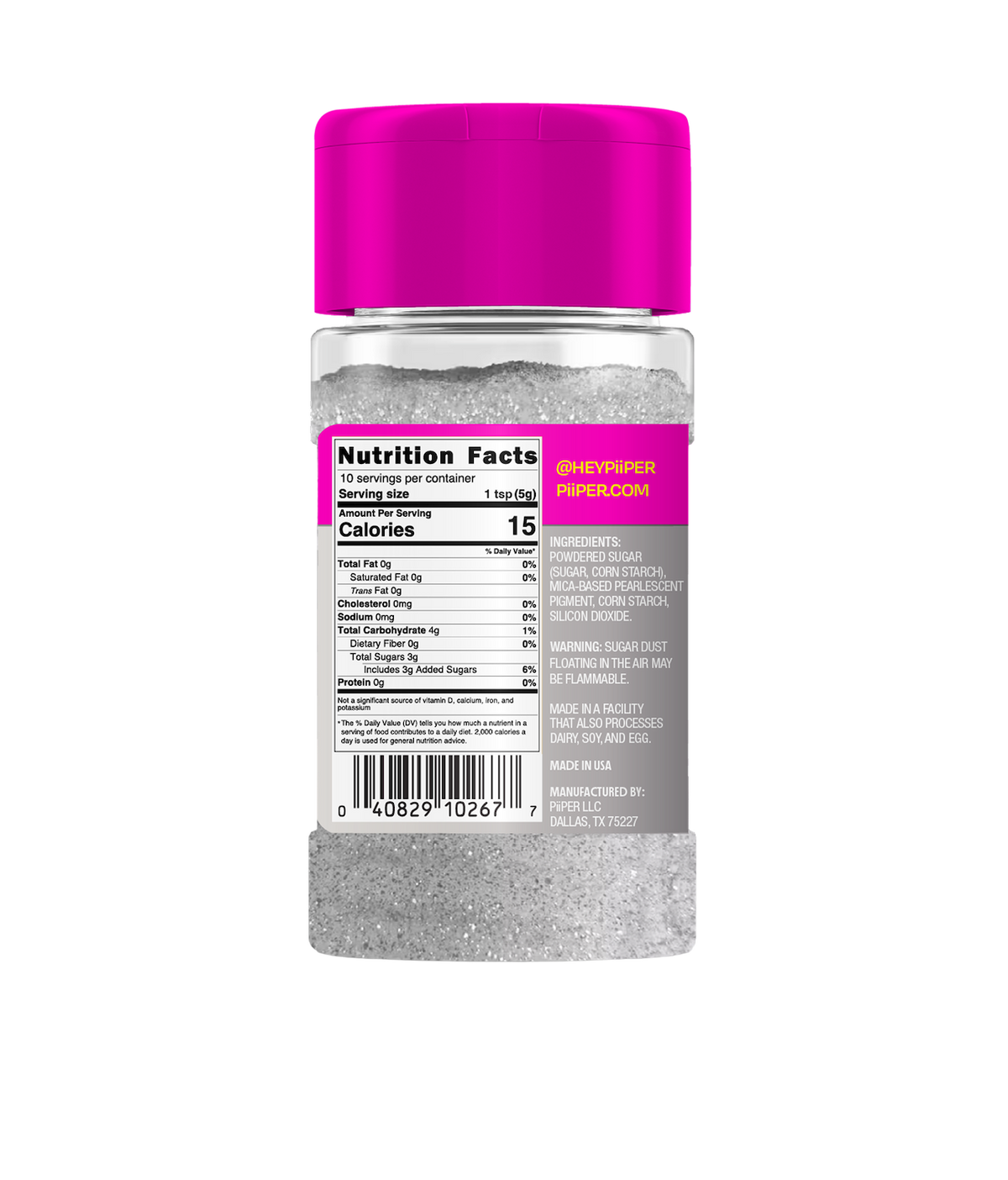 Rear view of Edible Glitter Dust Chrome showing nutrition facts and ingredients on a clear bottle with a magenta cap