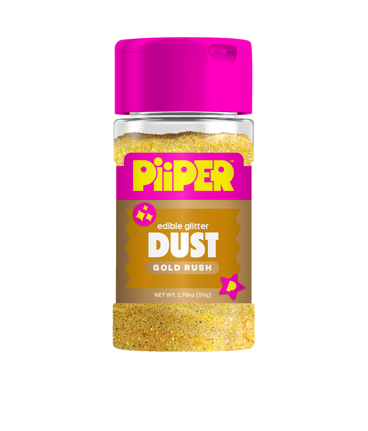 Front view of Edible Glitter Dust Gold Rush shaker showcasing gold edible glitter and 50g net weight on a plain background