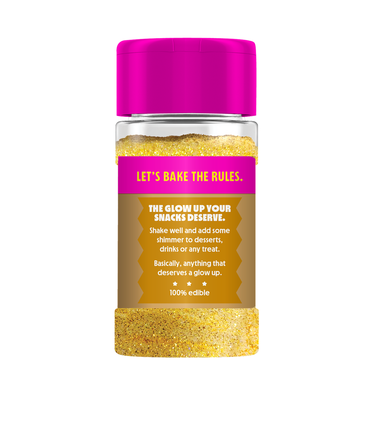 Front view of PiiPER Edible Glitter Dust Gold Rush shaker showing gold glitter, bright pink cap, and edible label