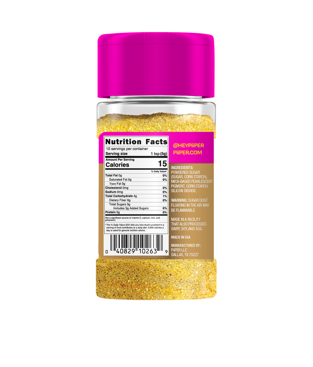 Back view of PiiPER Edible Glitter Dust Gold Rush shaker showcasing its nutrition facts and ingredient label on a transparent background
