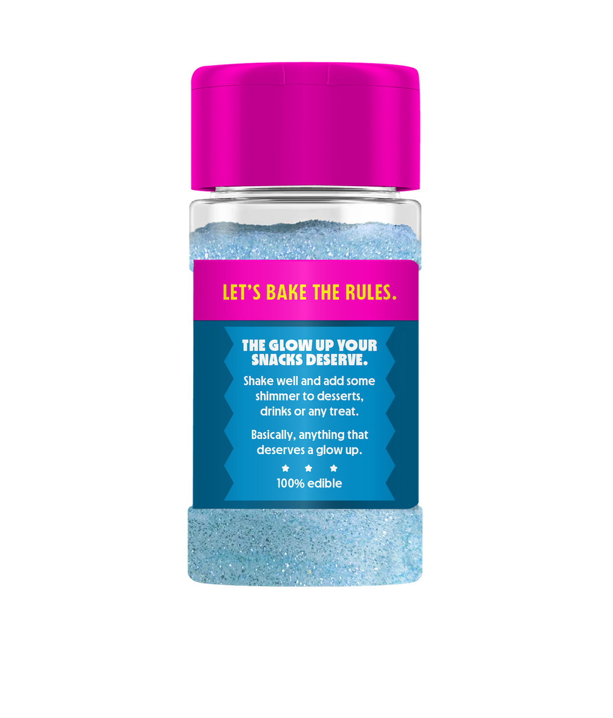Front view of Edible Glitter Dust - Neptune Blue with light blue glitter, pink cap, and Lets bake the rules label