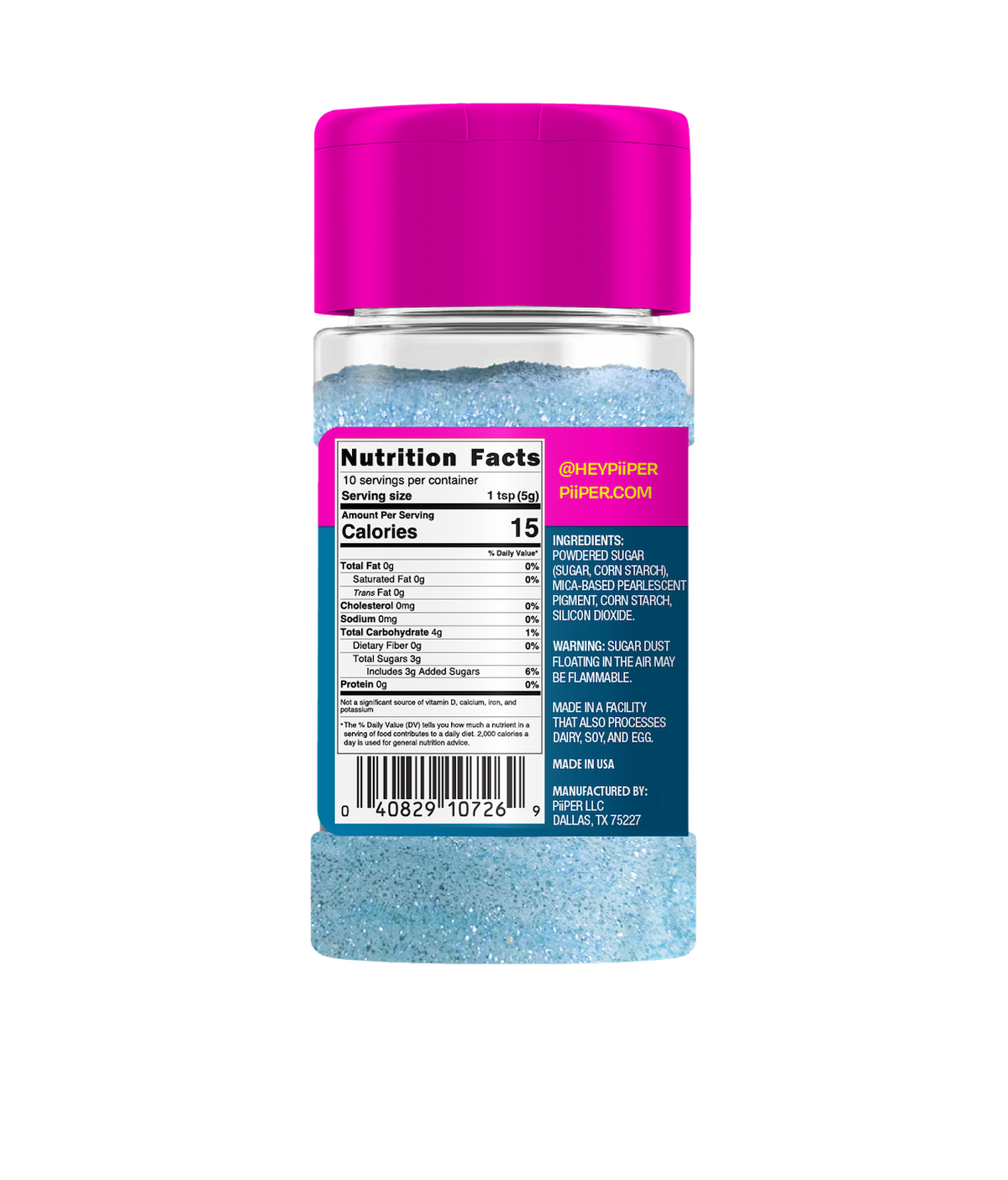 Back view of Edible Glitter Dust Neptune Blue showcasing its nutrition facts label and blue glitter in a clear shaker with pink cap
