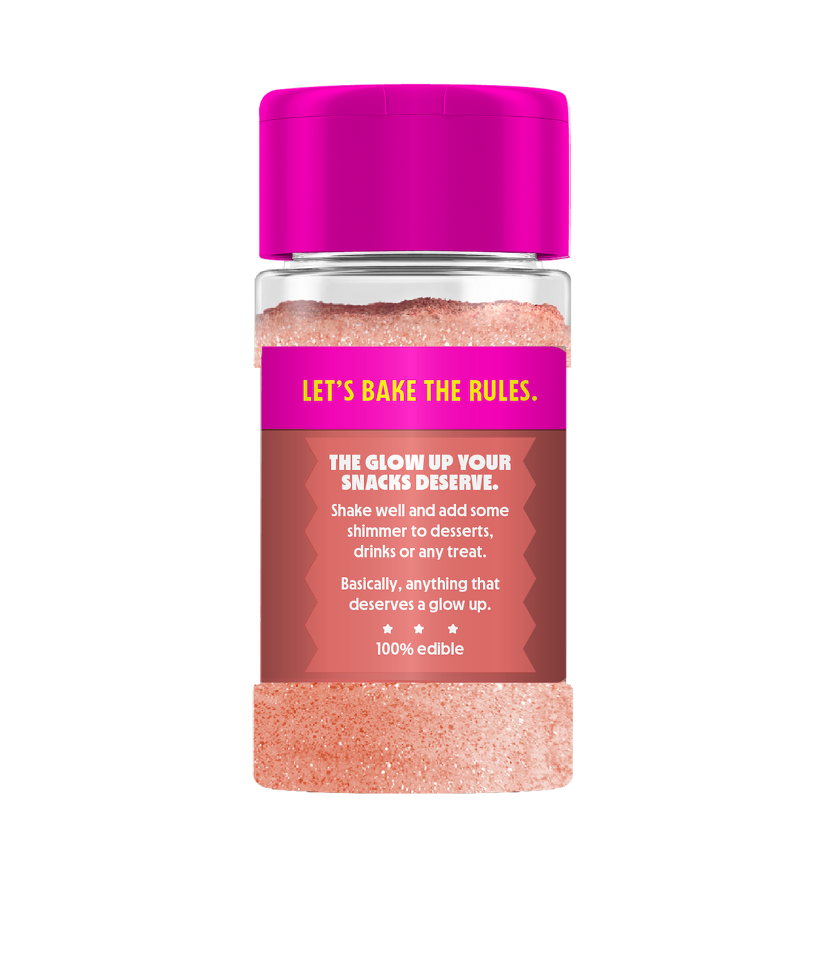 Front view of Edible Glitter Dust – Rosé Gold shaker with pink glitter and 100% edible label on transparent background