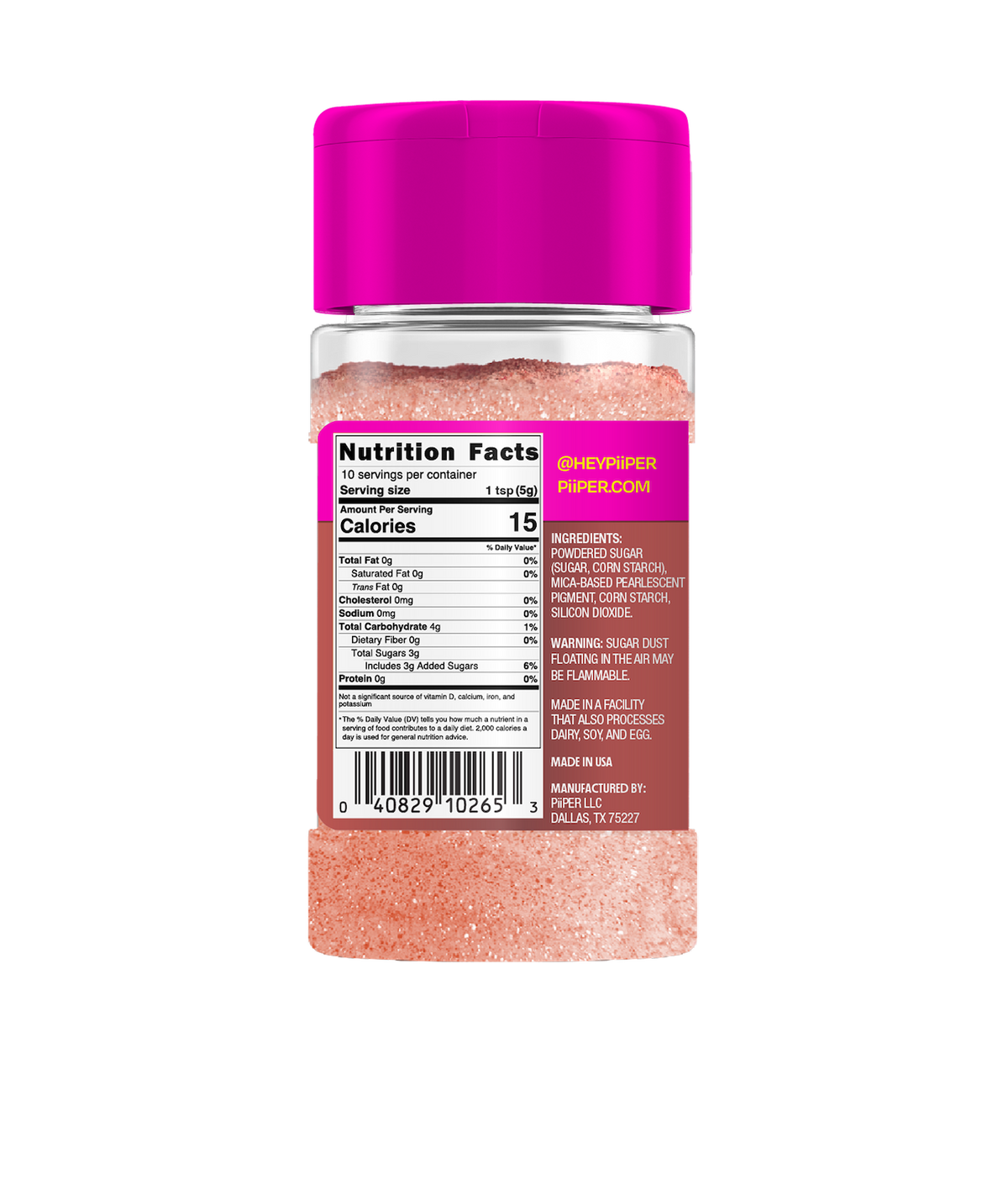 Rear view of PiiPER Edible Glitter Dust in Rosé Gold showing its nutrition facts and ingredients label