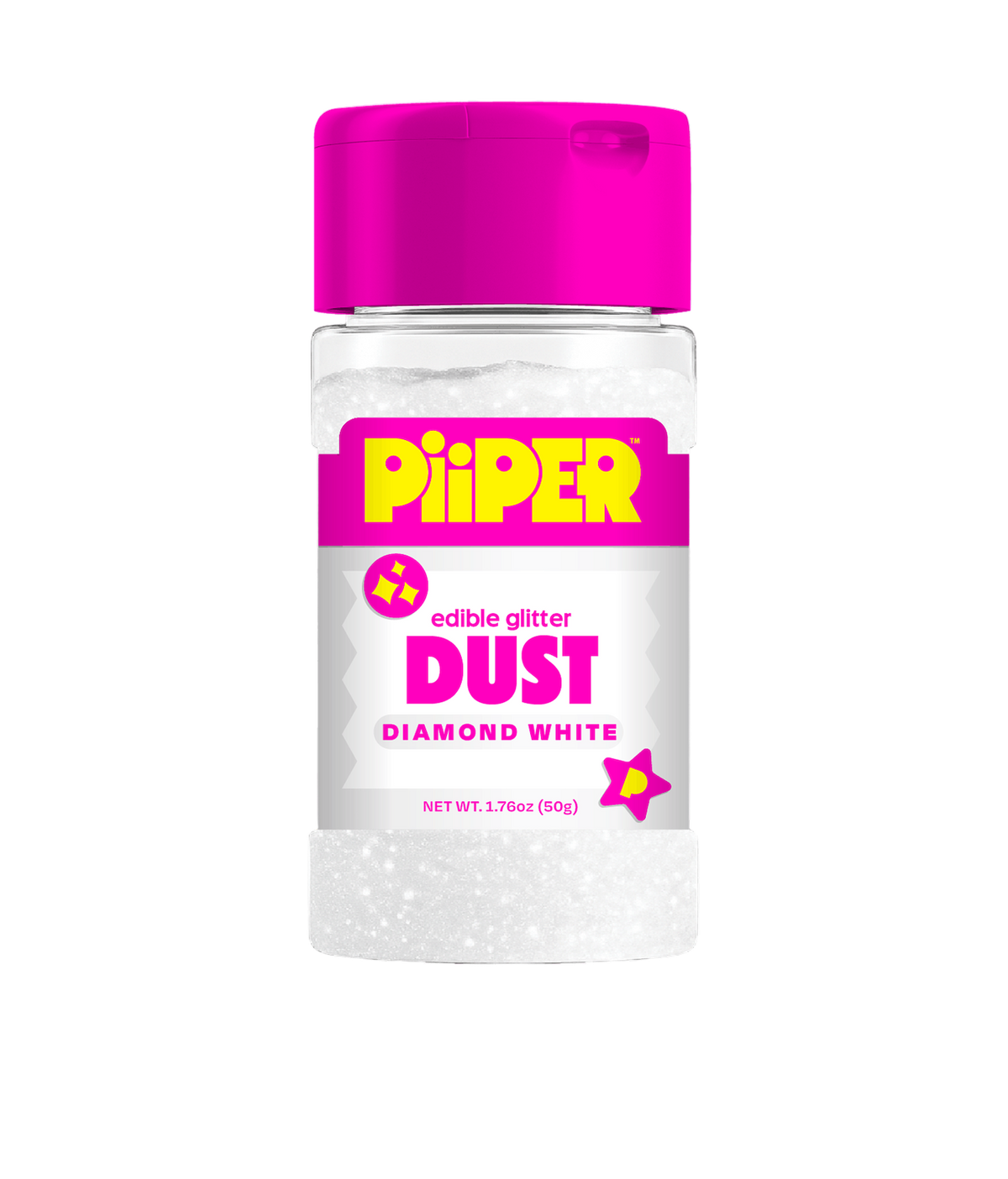 Front view of PiiPER edible glitter dust jar in Diamond White with pink lid and 1.76 oz and 50 g net weight