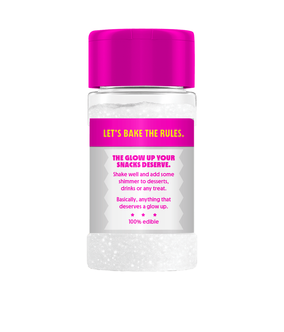 Front view of PiiPER Edible Glitter Dust Diamond White labeled Let’s Bake the Rules, with white shimmer and pink cap