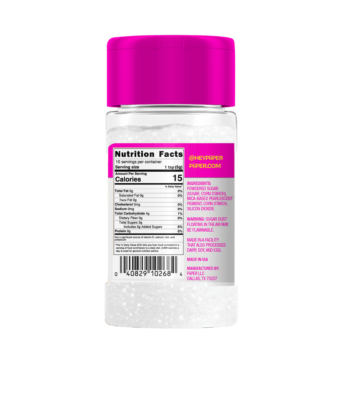 Back view of PiiPER Edible Glitter Dust Diamond White shaker showcasing nutrition facts and ingredients on a black background