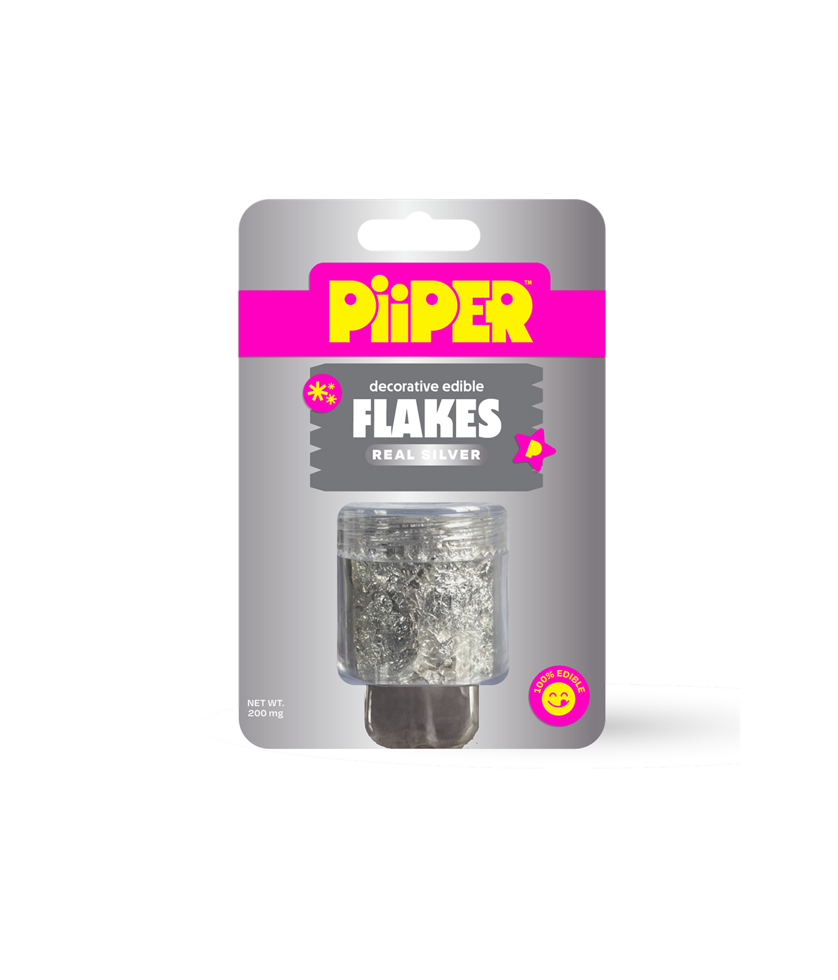 Front view of decorative edible flakes showcasing real silver flakes in a clear jar with 200 mg net weight on pink and gray packaging