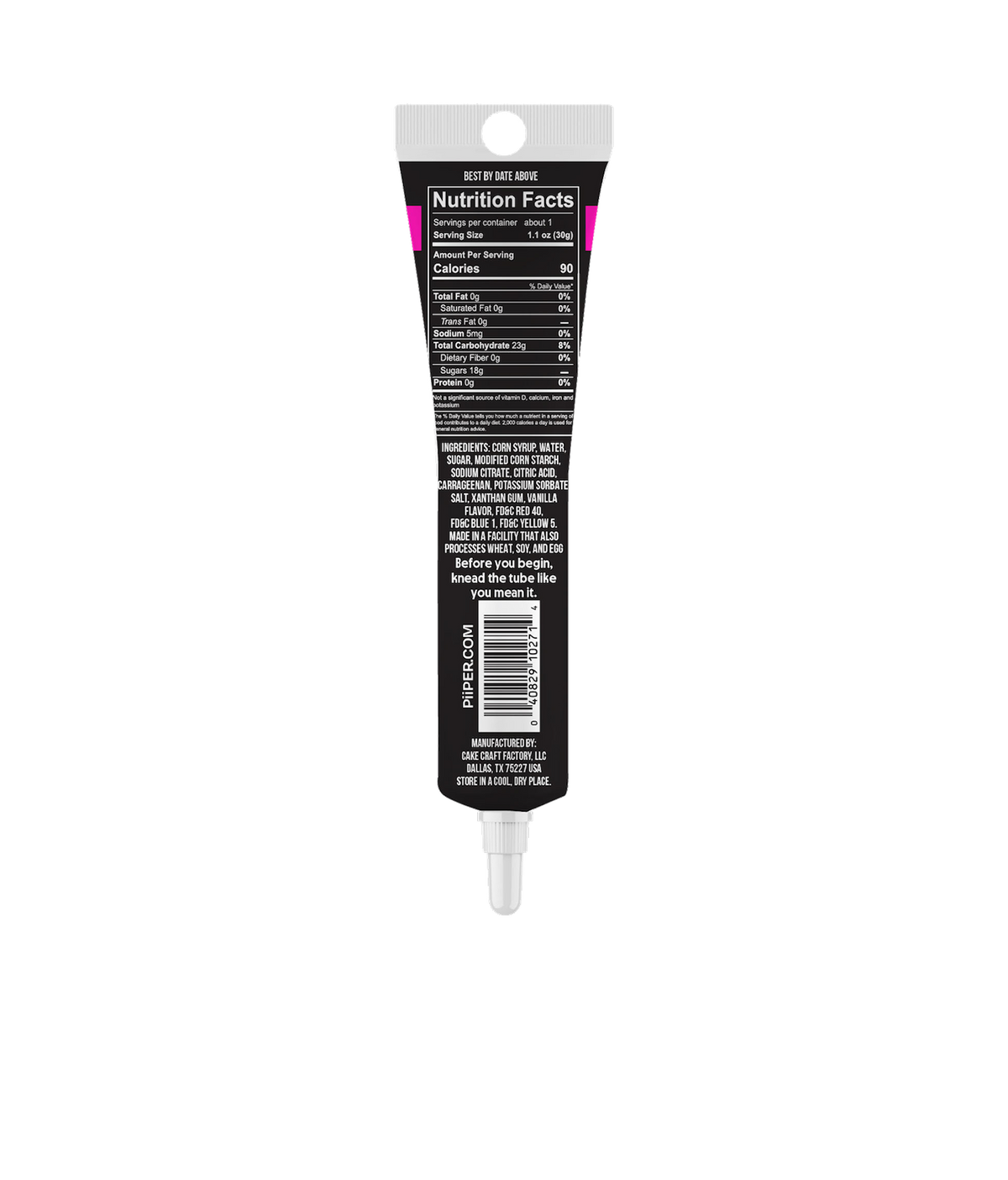 Back view of PiiPER Writing Gel Black tube showcasing nutrition facts and ingredients on black packaging