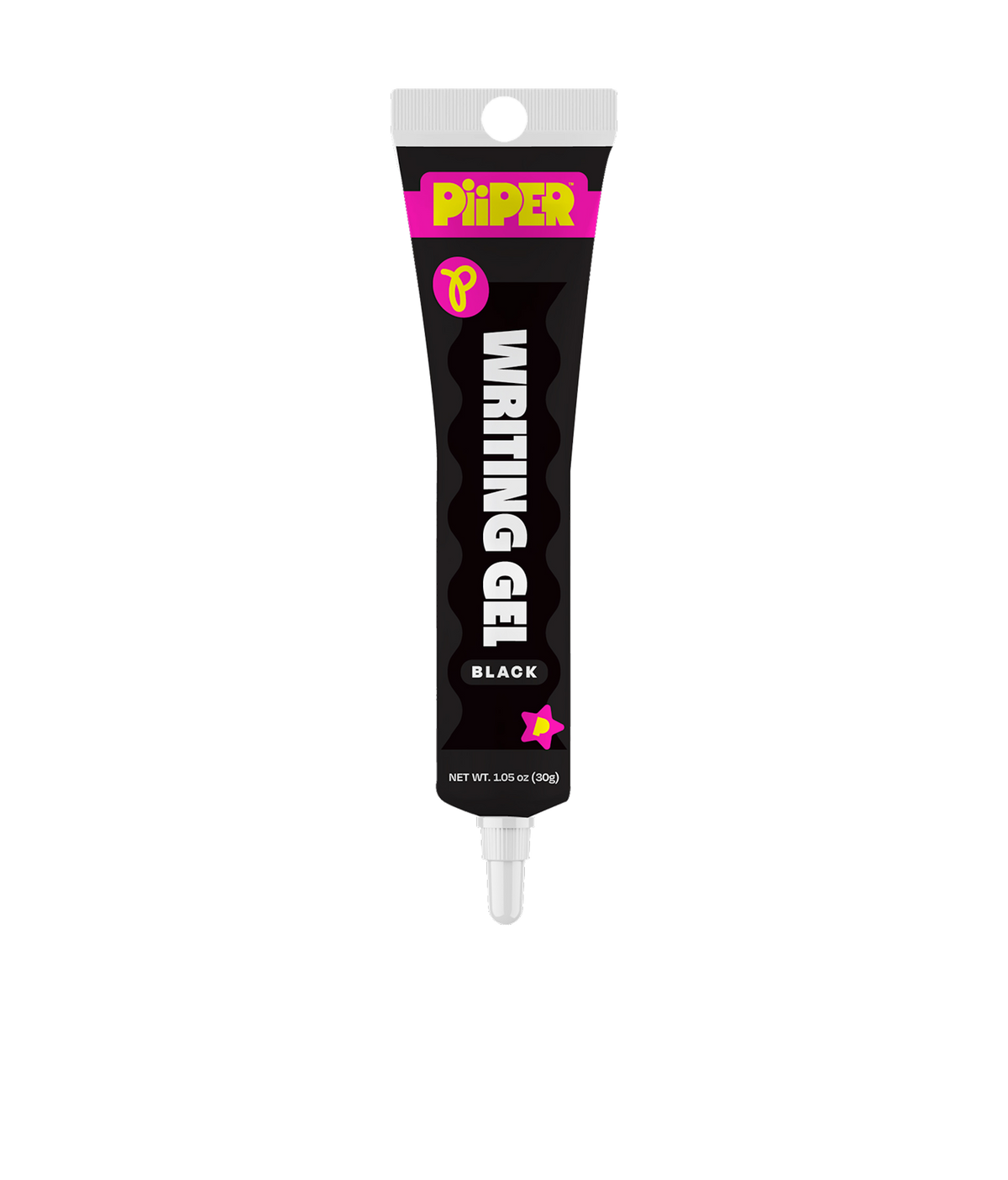 Front view of PiiPER Writing Gel Black tube with capped precision tip on a black background