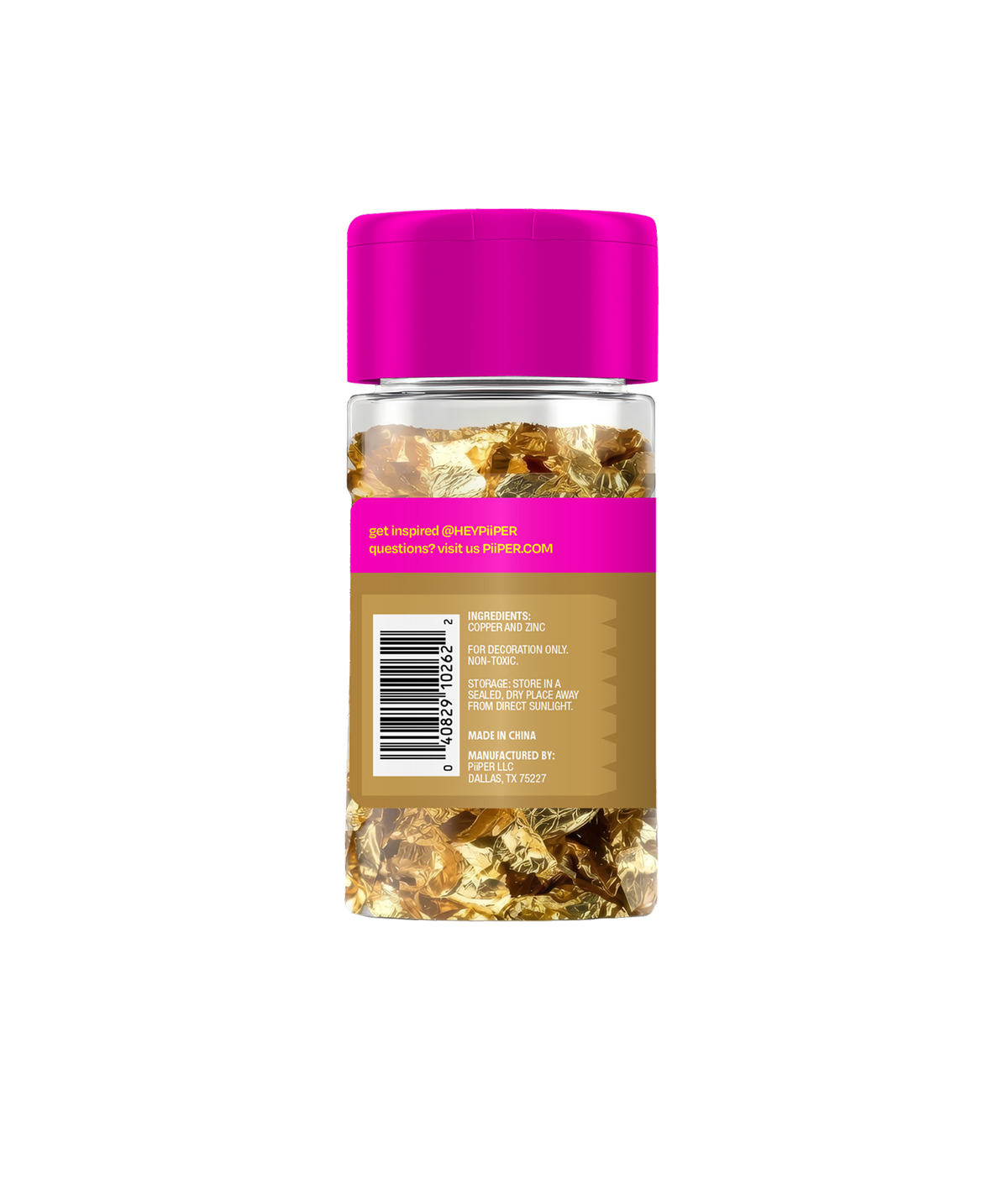 Front view of a 2g jar of Gold Decorative Flakes showcasing gold flakes inside with a black background
