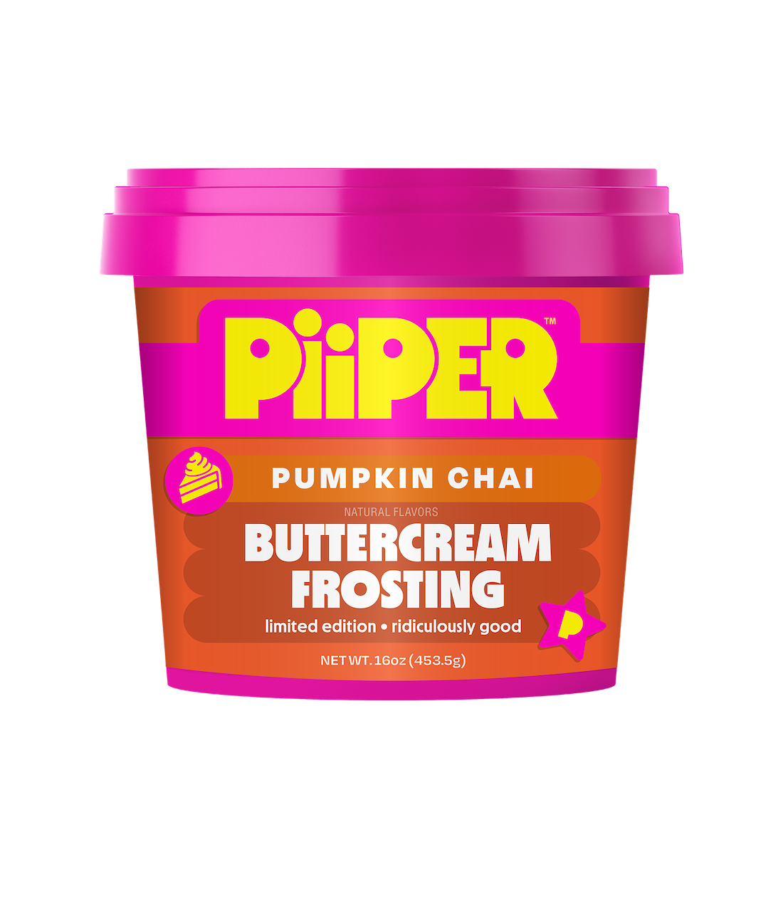 Front view of a 16 oz PiiPER Pumpkin Chai buttercream frosting tub with limited-edition packaging on a black background