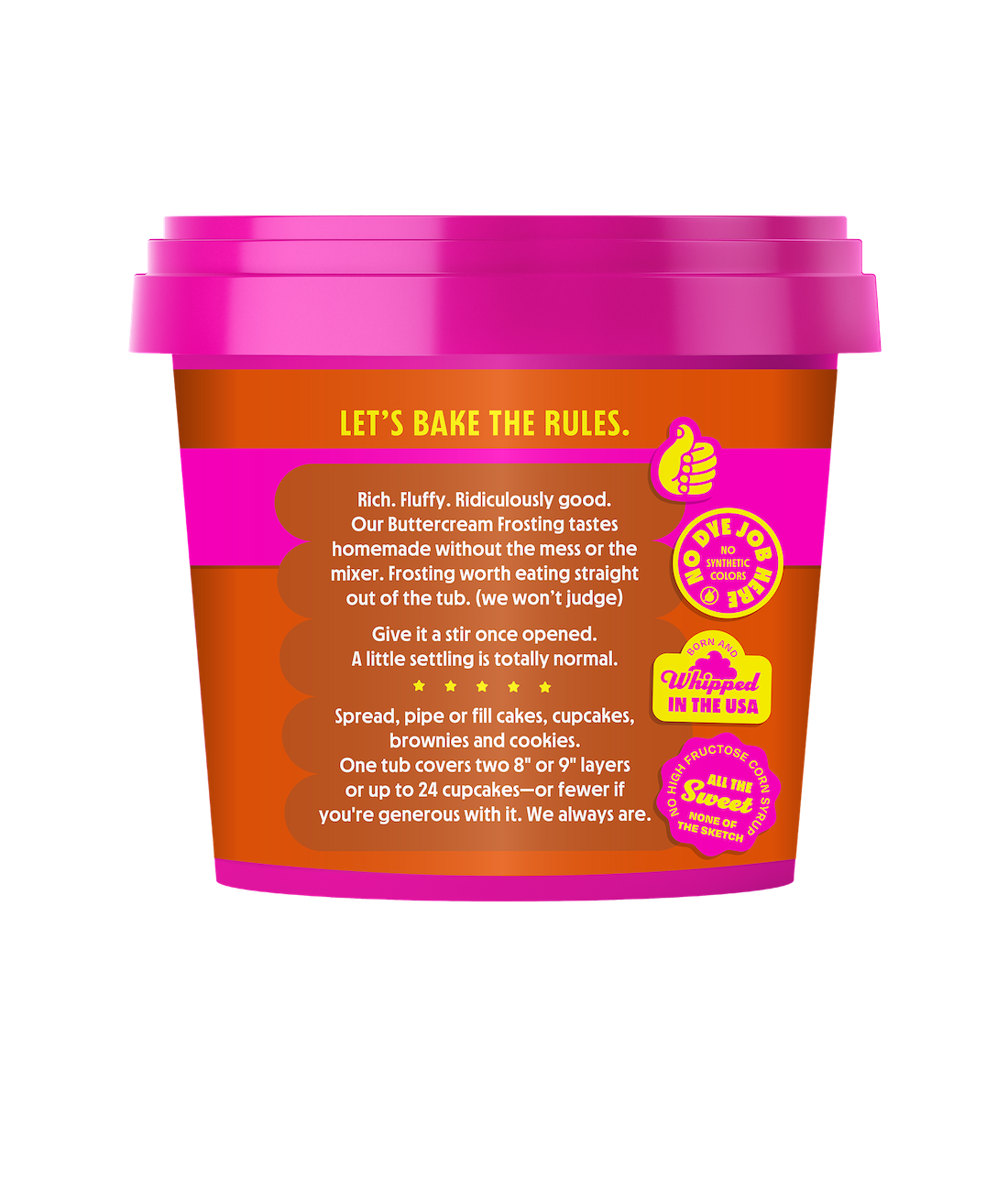 Front view of Pumpkin Chai buttercream frosting tub showcasing usage instructions and coverage for up to 24 cupcakes on a transparent background