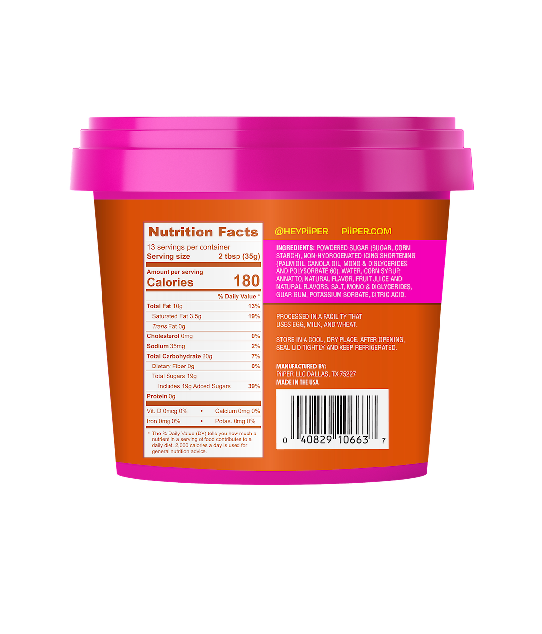 Rear view of Pumpkin Chai buttercream frosting tub showcasing nutrition facts and ingredients labels on a black background