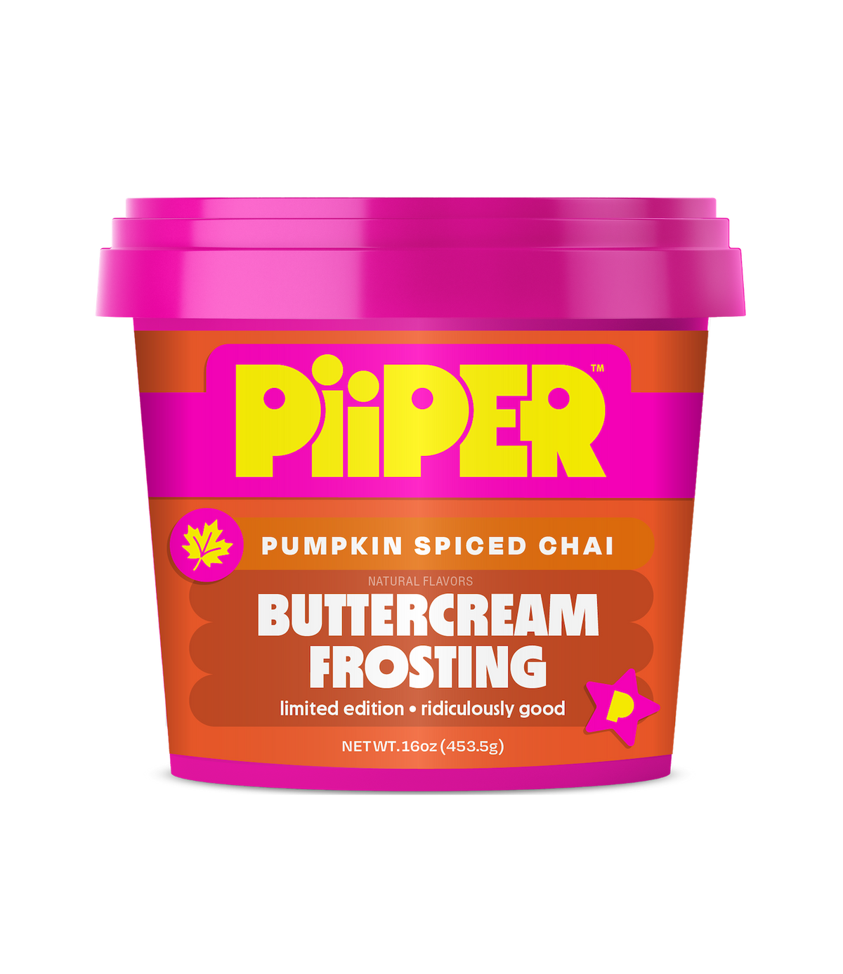 Front view of PiiPER Pumpkin Spiced Chai Buttercream Frosting with pink and orange packaging