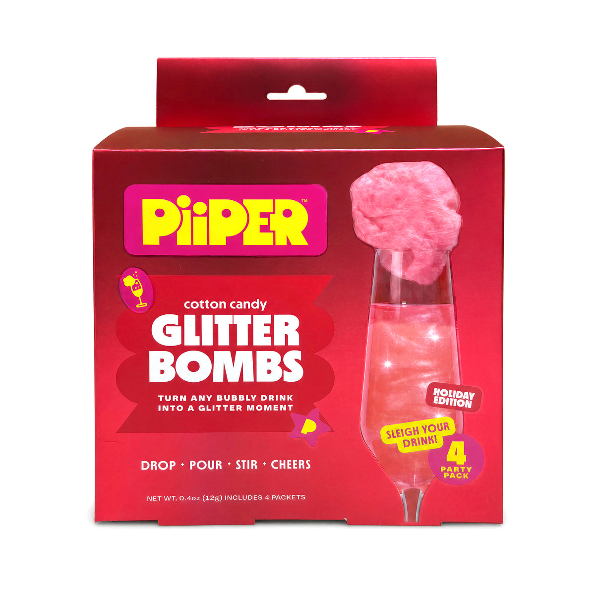 Front view of Cotton Candy Glitter Bombs 4 Pack showcasing pink cotton candy and edible glitter in red holiday packaging