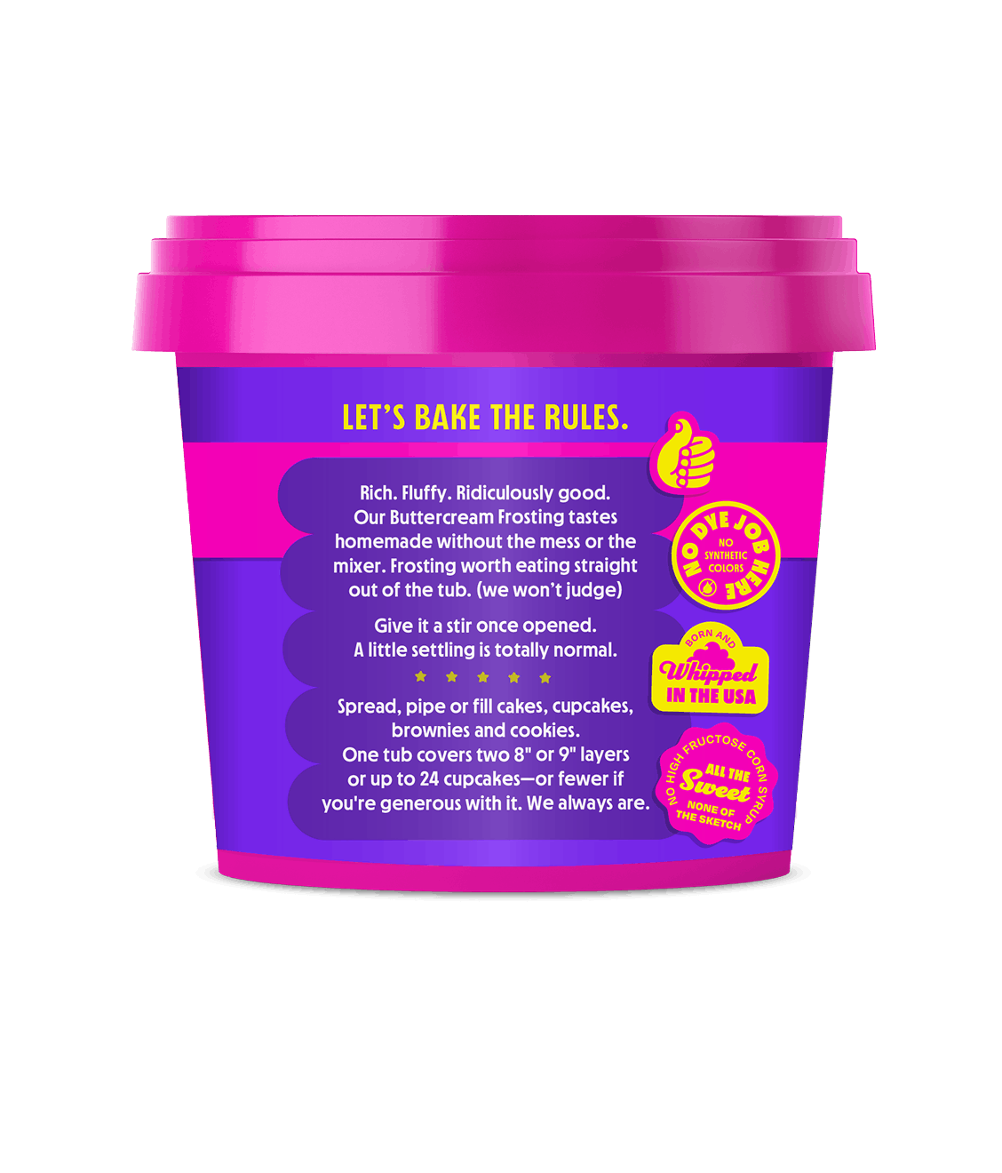 Front view of a Brownie Batter buttercream frosting tub showcasing colorful packaging and serving directions on a green background